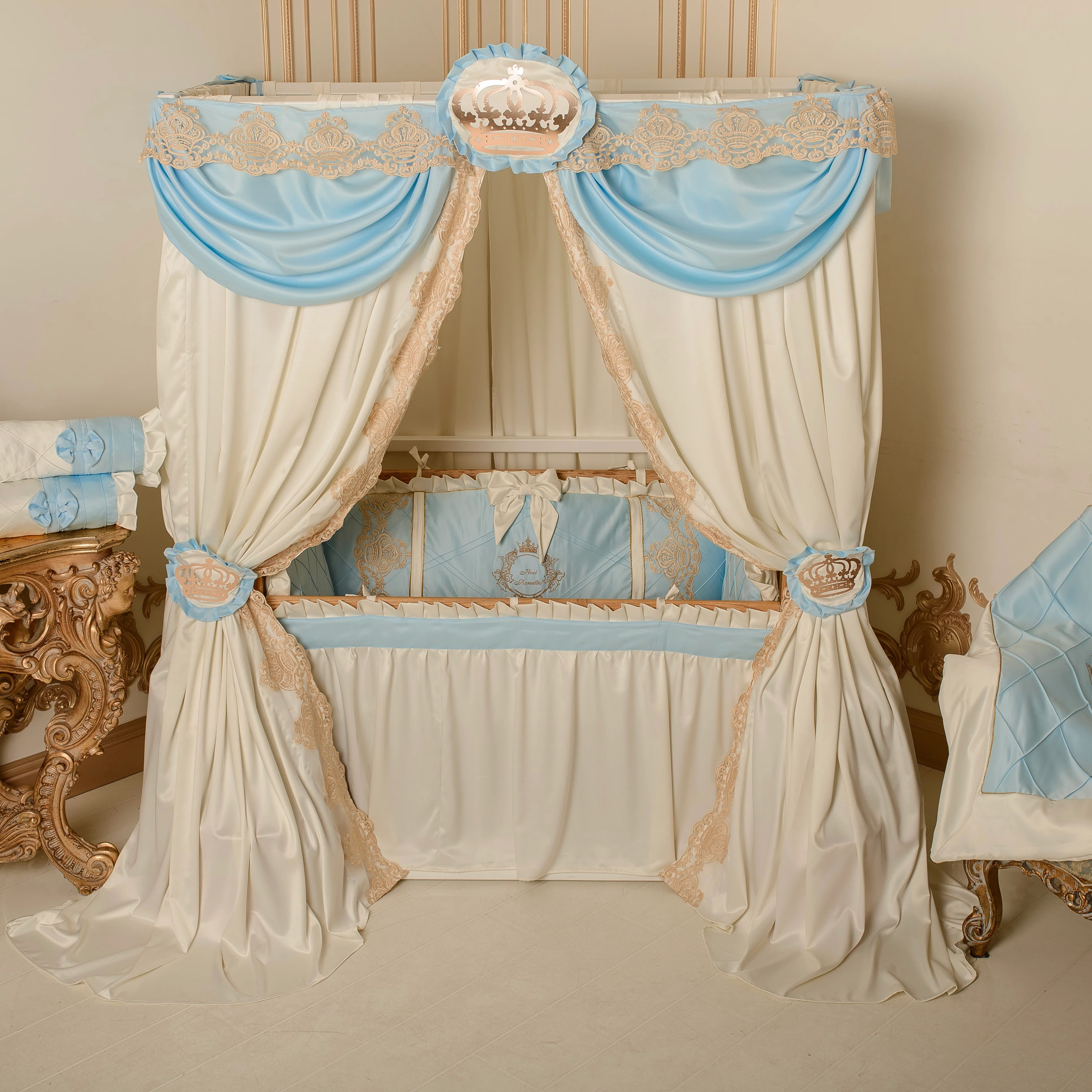 Luxury Baby Blue & Ivory Lace Bedding Set for Cribs - Image 6