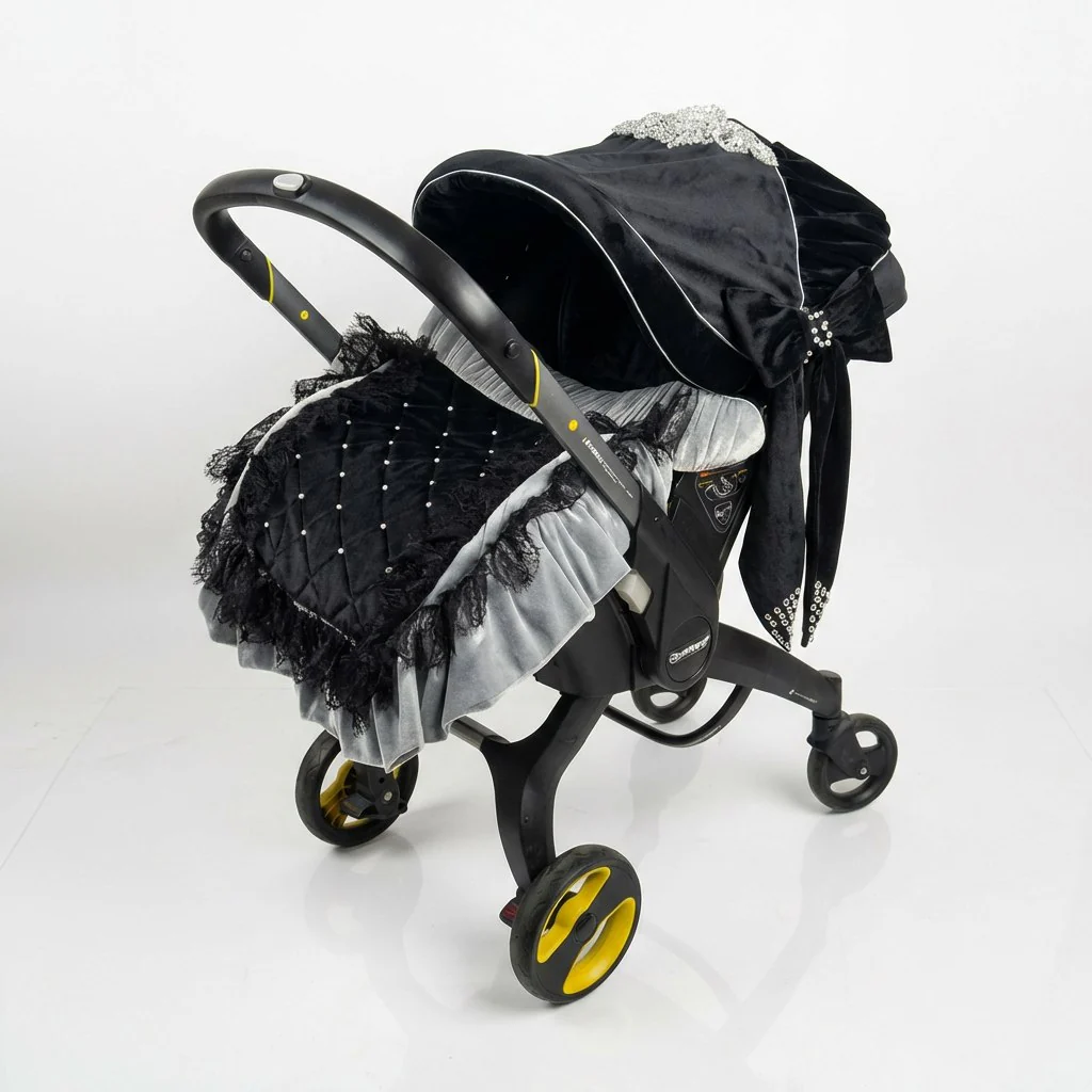 Luxury Black Velvet Baby Car Seat Cover with Lace & Rhinestones
