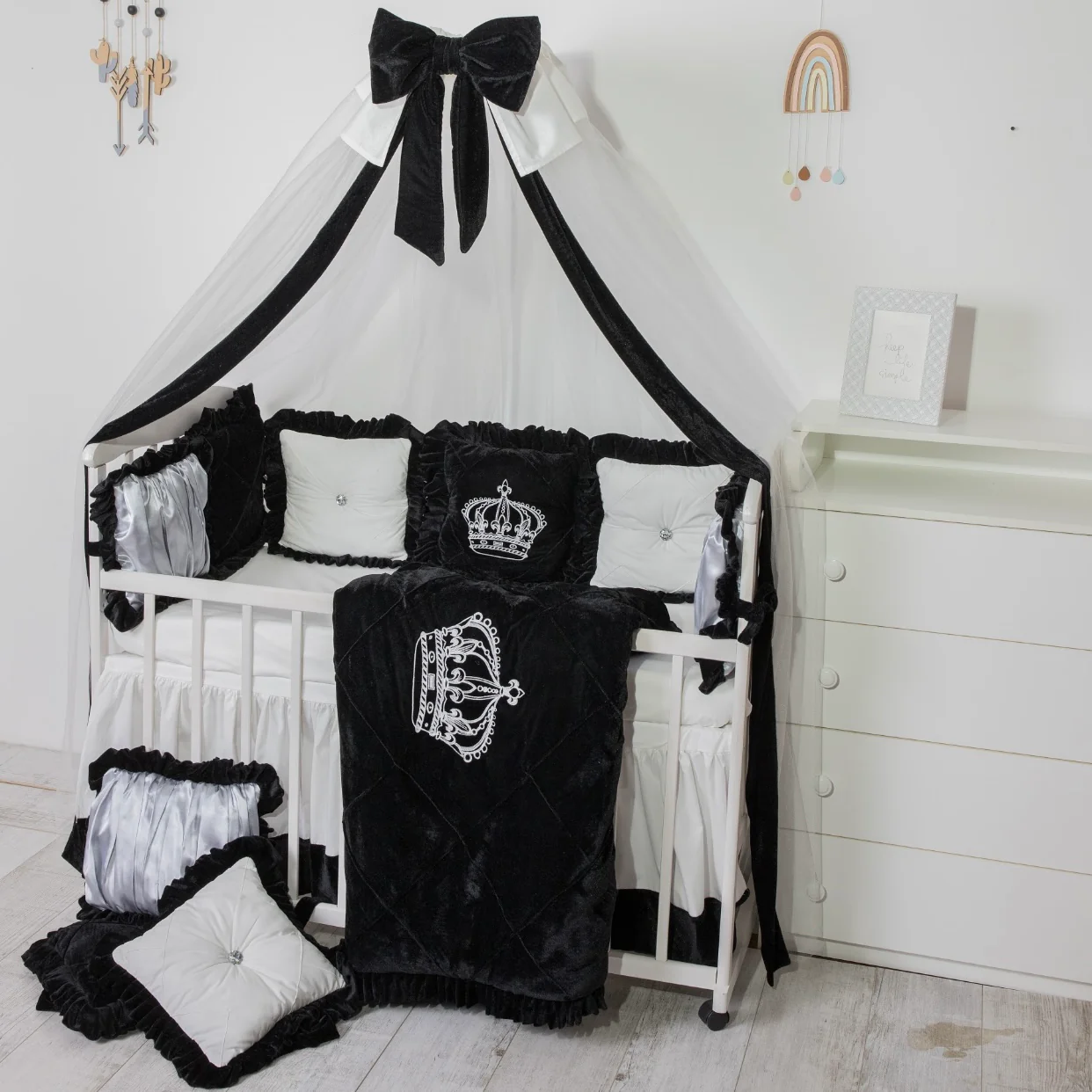 Luxury Crown Design Black and White Crib Bedding Set with Canopy - Image 3