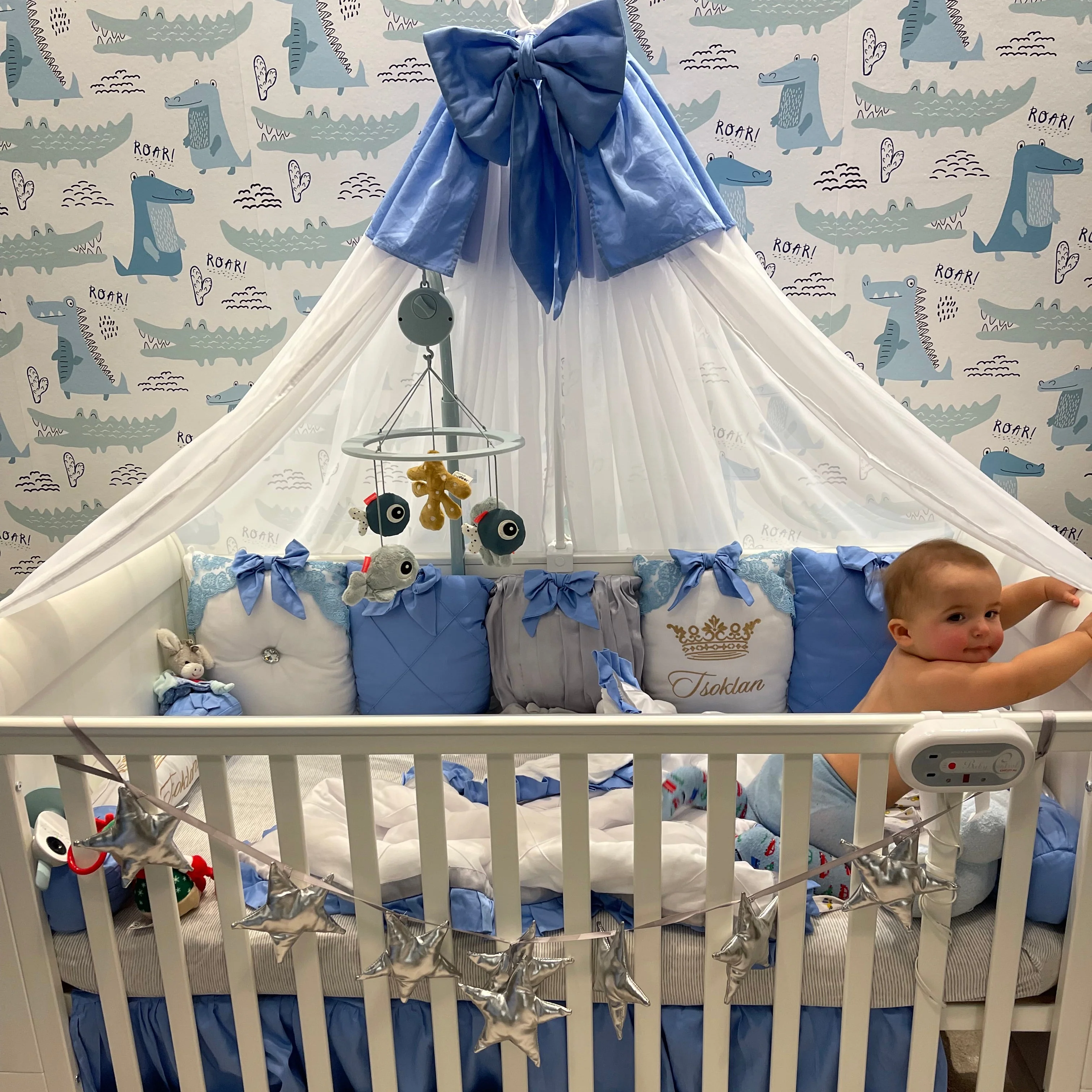 Luxury Blue & White Baby Boy Crib Bedding Set - Image 6