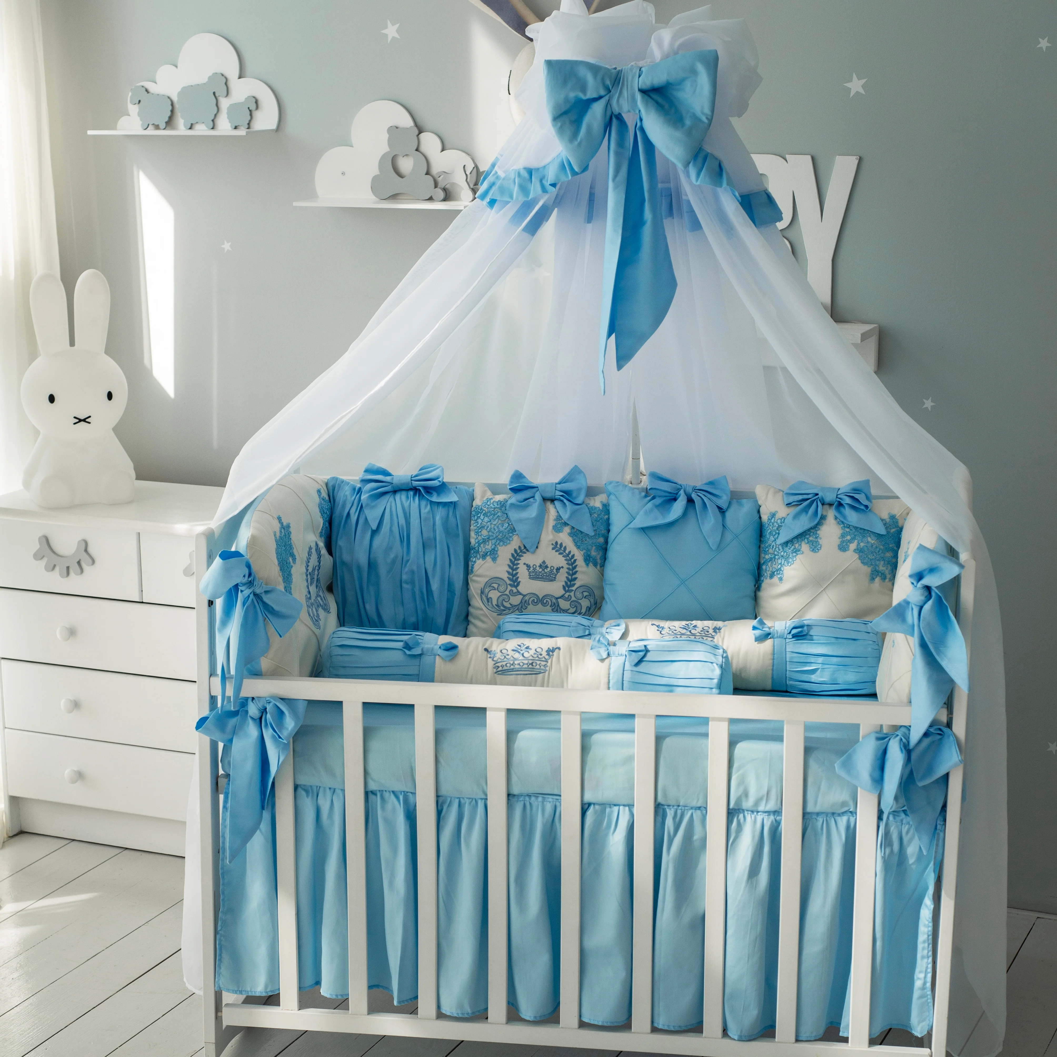 Luxury Light Blue Baby Crib Bedding Set with Embroidery - Image 7