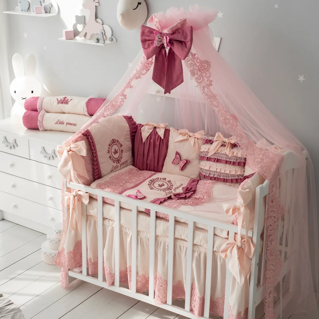 Luxury Pink and Ivory Baby Bedding Set | Crown Butterfly Crib Decor - Image 3