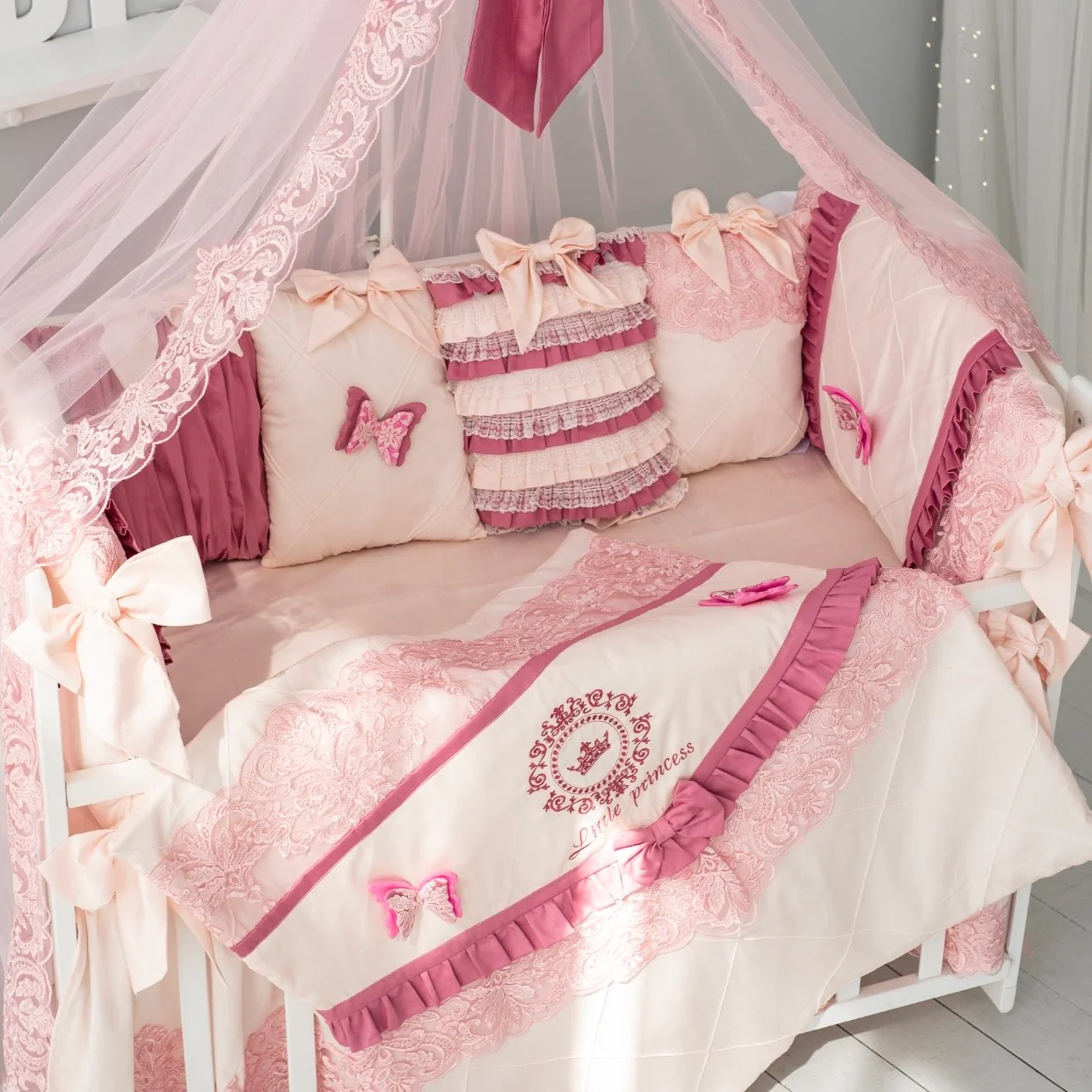 Luxury Pink and Ivory Baby Bedding Set | Crown Butterfly Crib Decor - Image 4