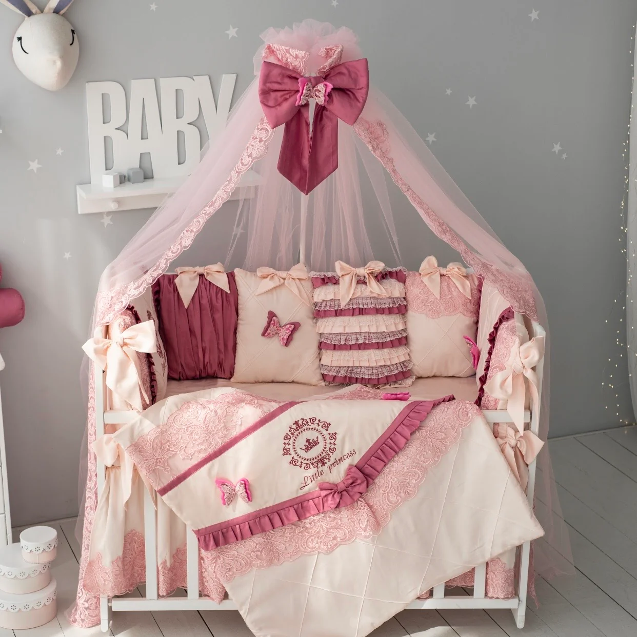 Luxury Pink and Ivory Baby Bedding Set | Crown Butterfly Crib Decor - Image 6