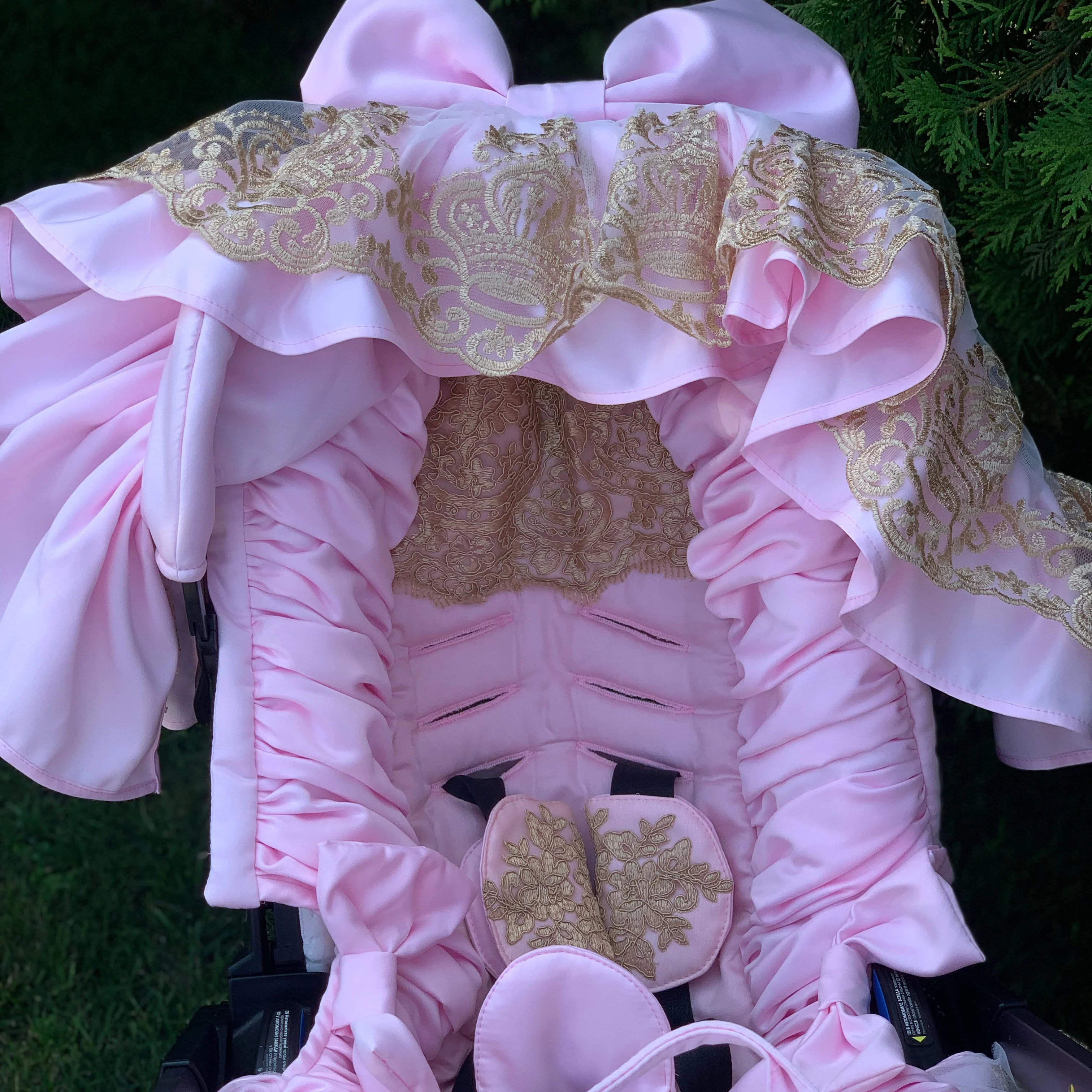 Luxury Pink Baby Car Seat Cover Set with Gold Lace - Image 7