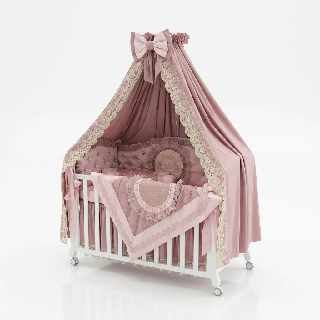 Personalized Luxury Pink Crib Canopy Bedding Set with Lace & Ruffles
