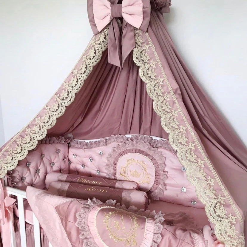 Personalized Luxury Pink Crib Canopy Bedding Set with Lace & Ruffles - Image 2