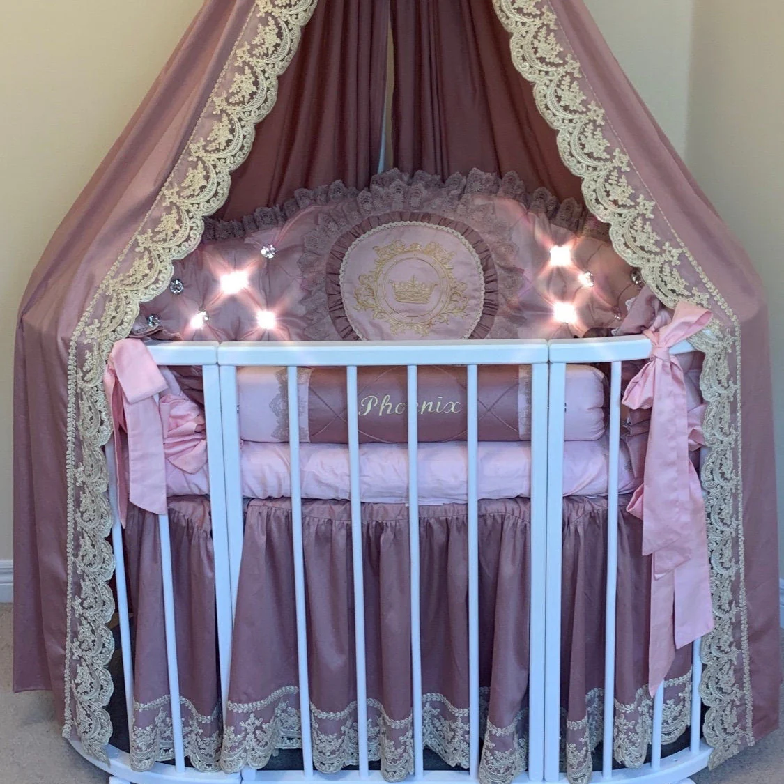Personalized Luxury Pink Crib Canopy Bedding Set with Lace & Ruffles - Image 5