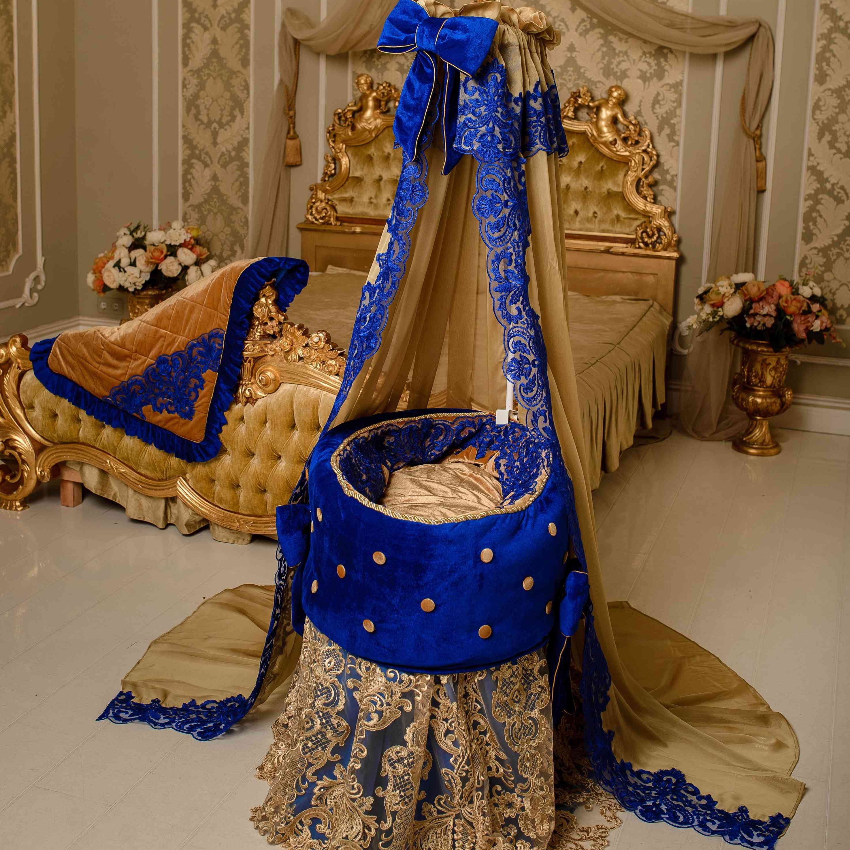 Luxury Royal Blue and Gold Velvet Round Baby Bassinet with Lace Canopy - Image 4
