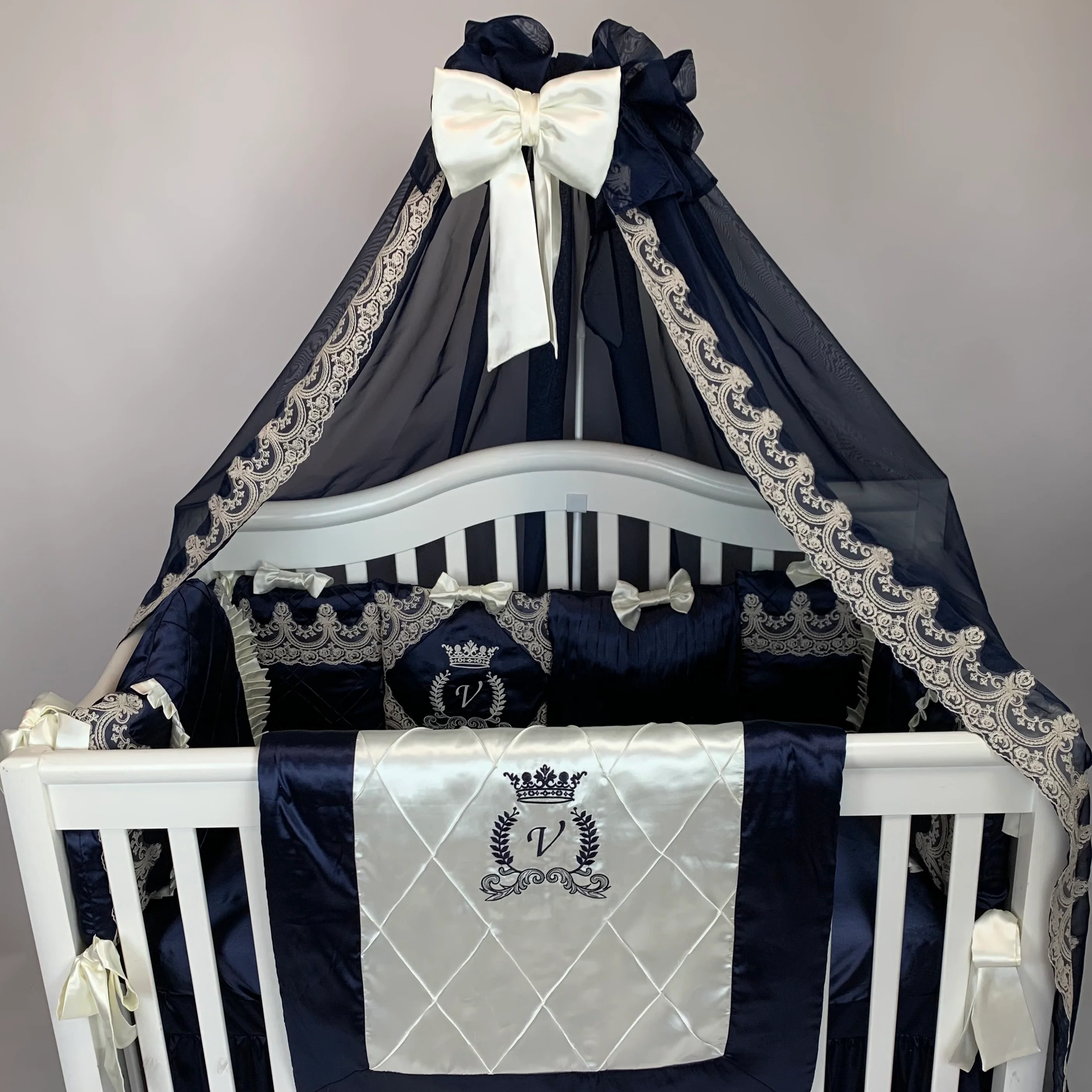 Luxury Royal Blue & Ivory Baby Bedding Set with Canopy - Image 3