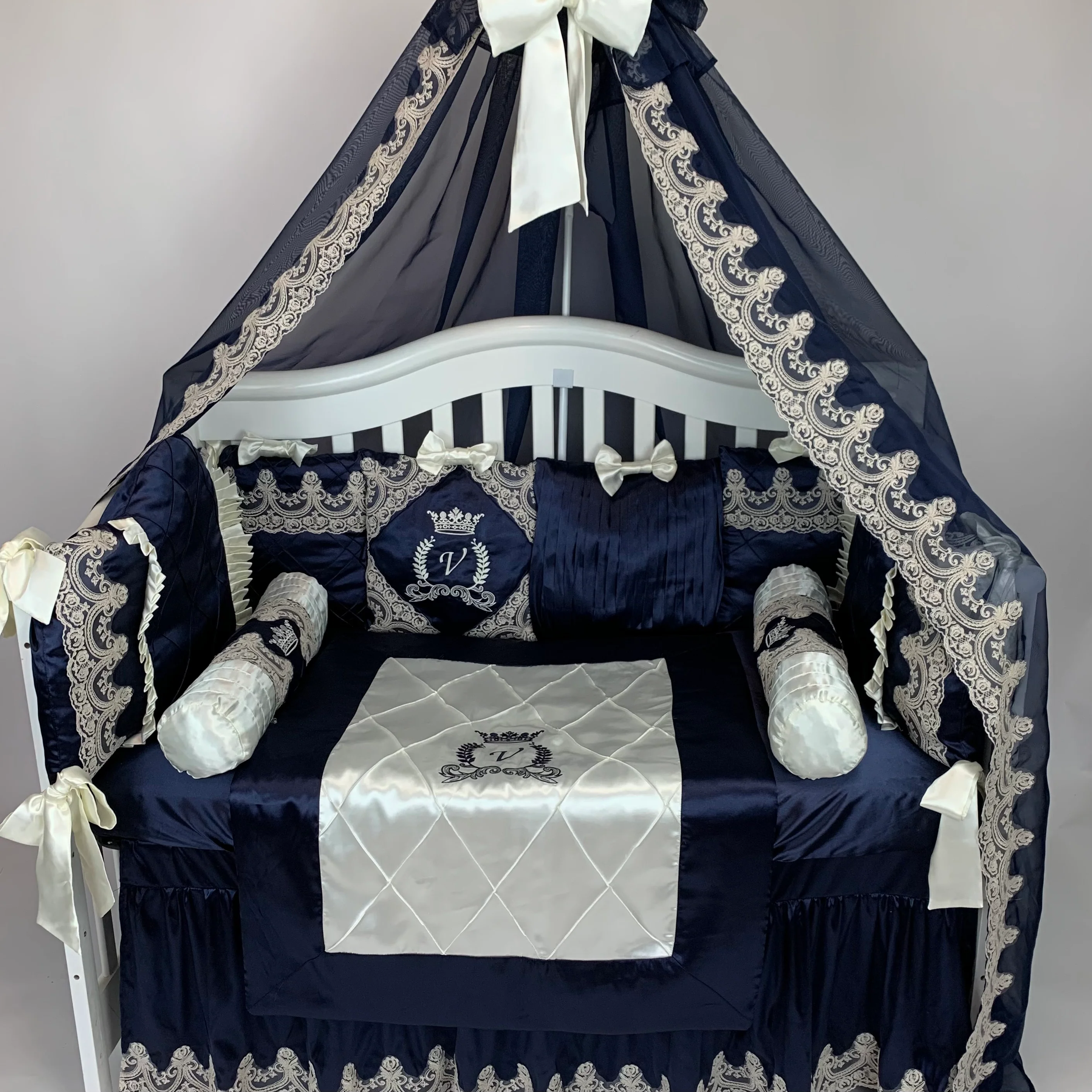 Luxury Royal Blue & Ivory Baby Bedding Set with Canopy - Image 4
