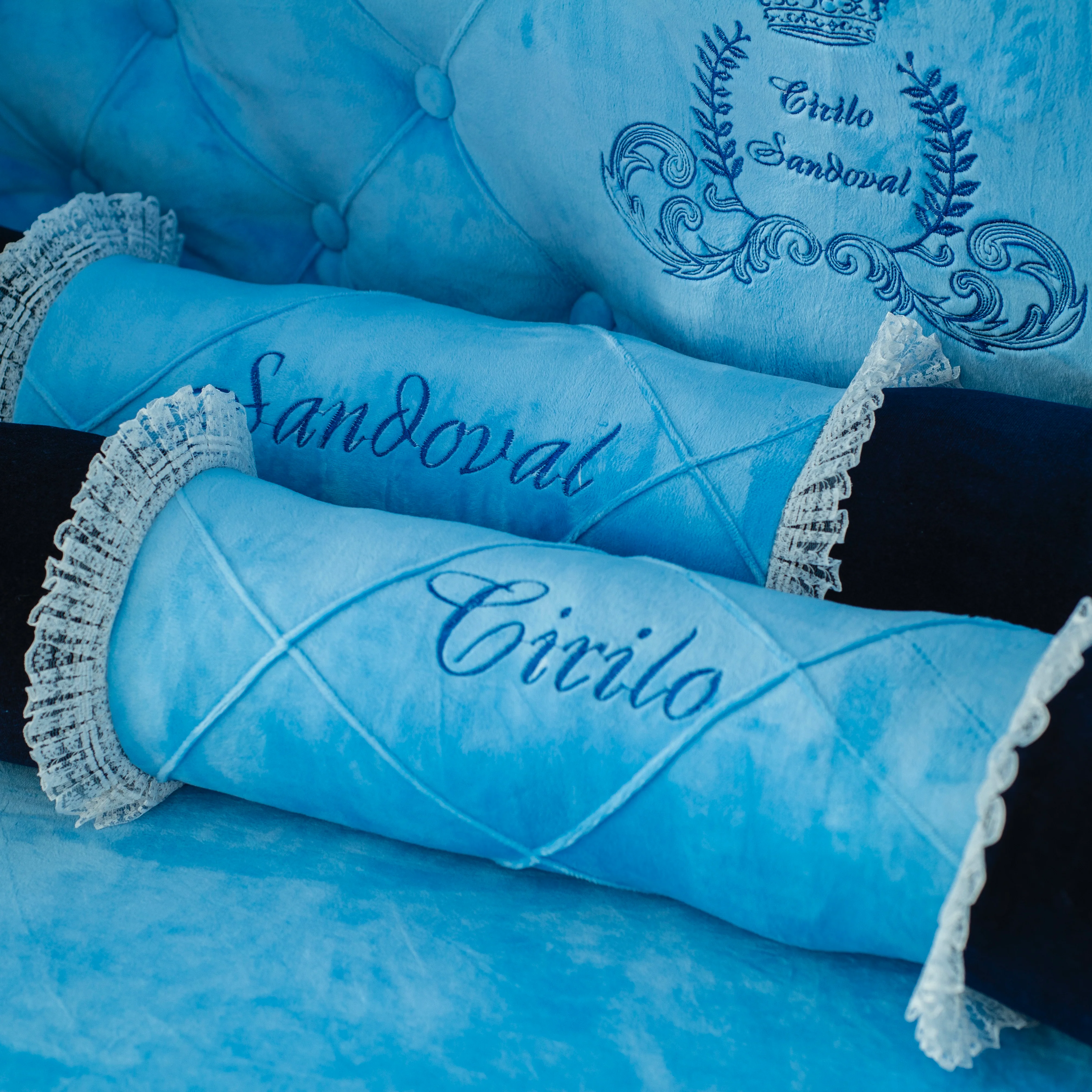 Luxury Sky Blue Baby Boy Bedding Set with Lace Embroidery - Image 4