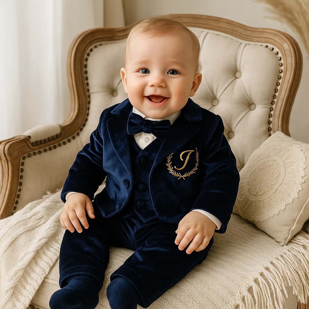 Navy Blue Velvet Baby Boy Suit – Personalized Formal Outfit - Image 7