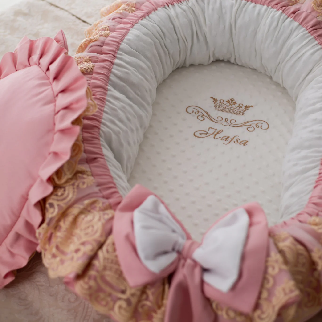 Personalized Dusty Pink Newborn Sleeping Nest Bed with Lace Detailing and Ruffles - Image 3