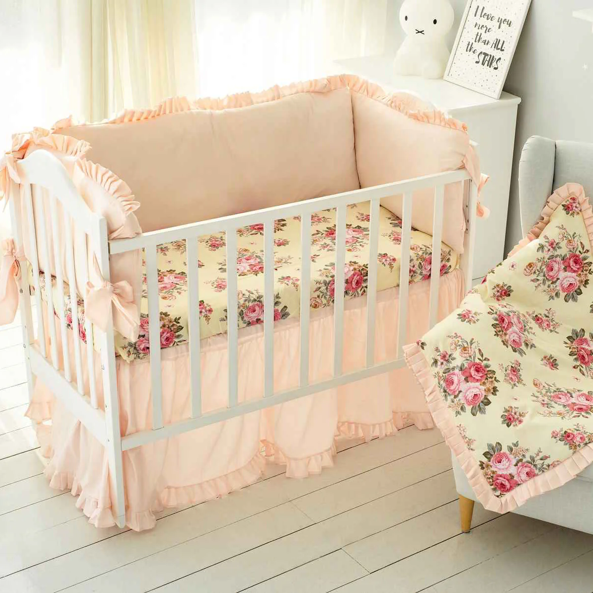 Peach Floral Baby Girl Crib Bedding Set with Skirt