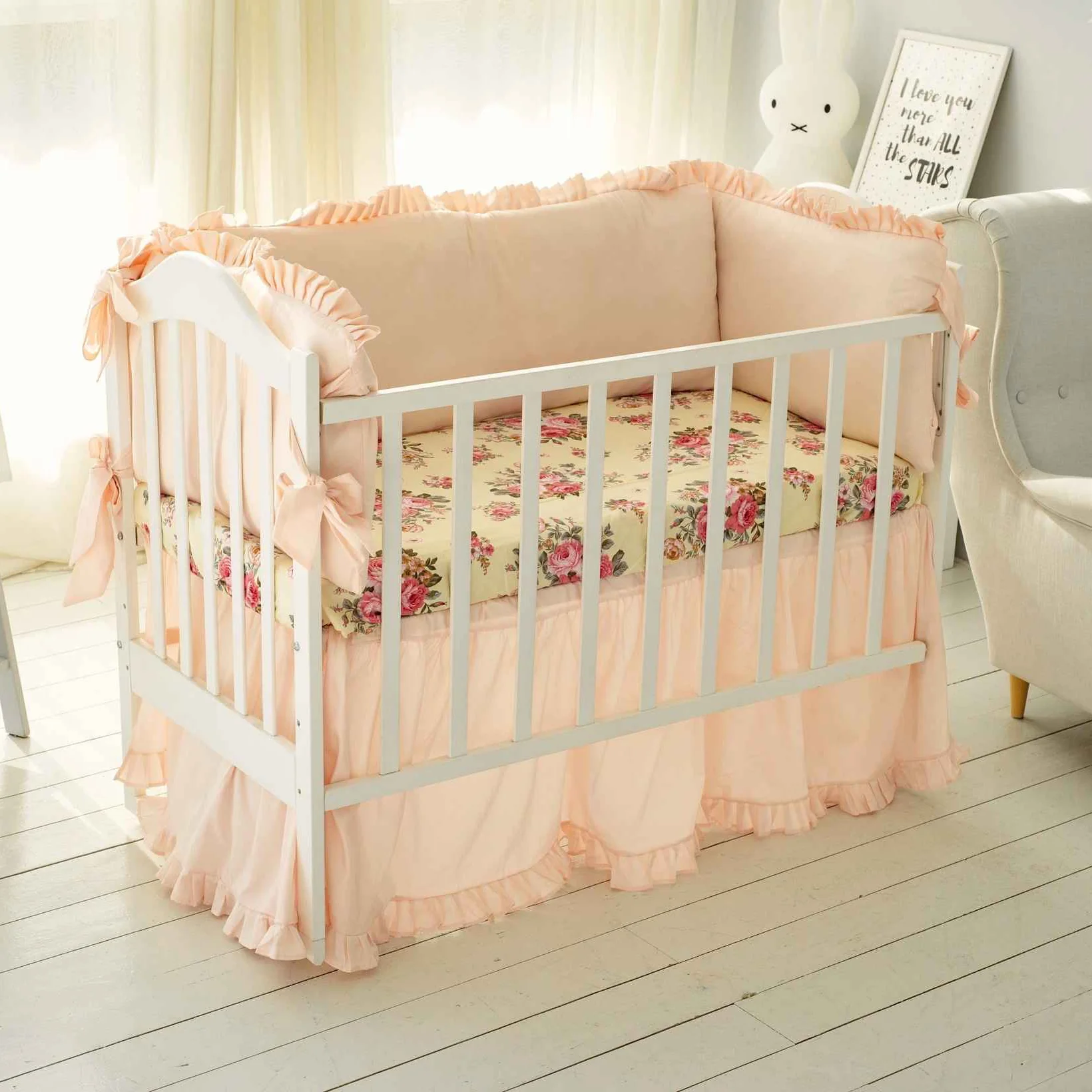 Peach Floral Baby Girl Crib Bedding Set with Skirt - Image 2