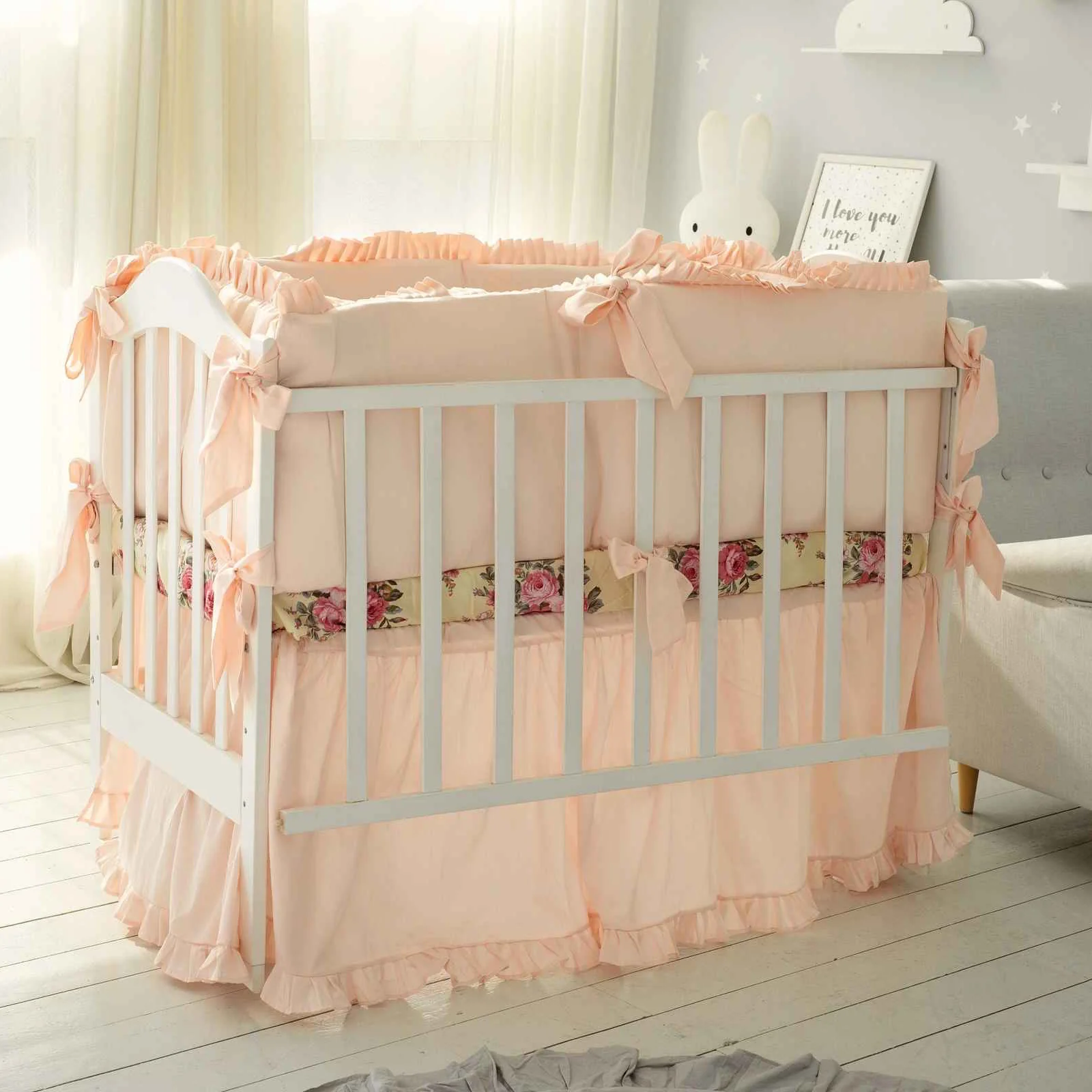 Peach Floral Baby Girl Crib Bedding Set with Skirt - Image 3
