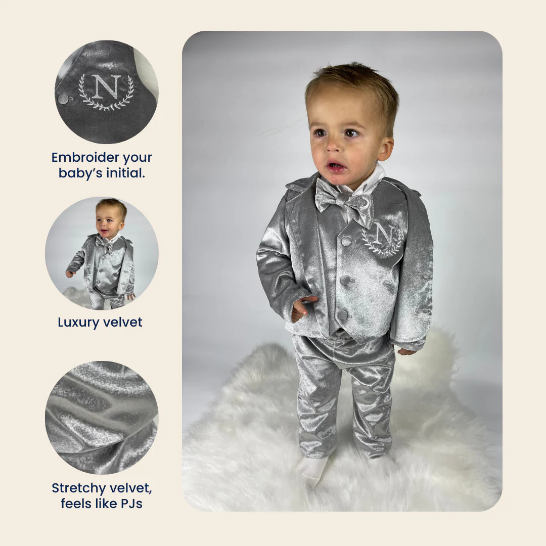 Personalized Baby Boy Suit – Silver Grey Velvet Jacket Set - Image 2
