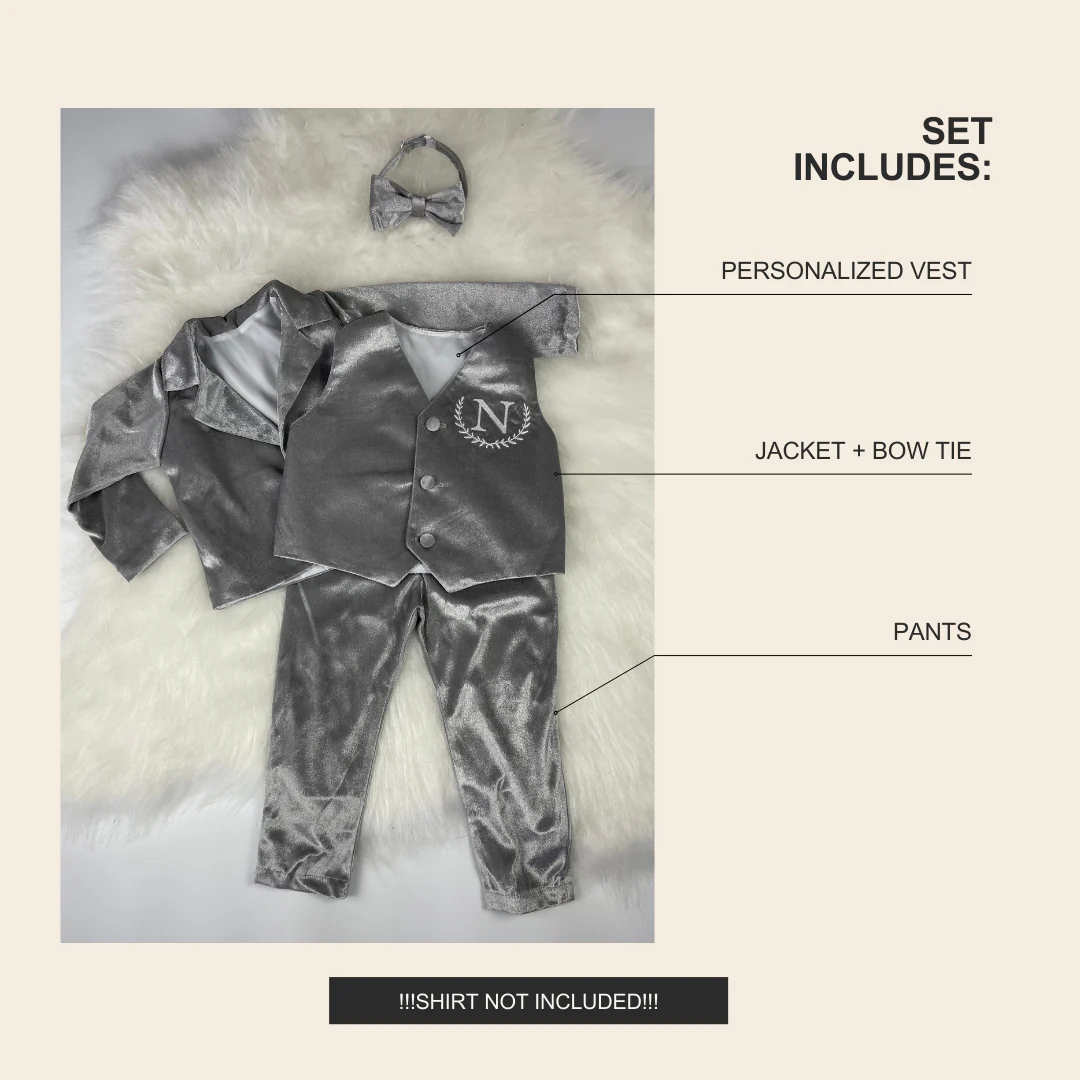Personalized Baby Boy Suit – Silver Grey Velvet Jacket Set - Image 3