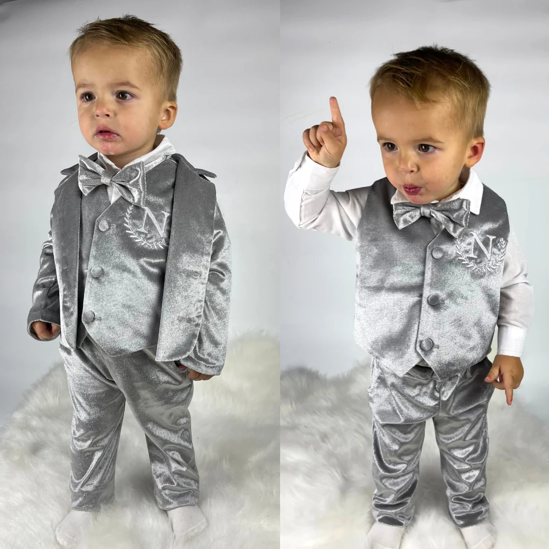 Personalized Baby Boy Suit – Silver Grey Velvet Jacket Set - Image 4