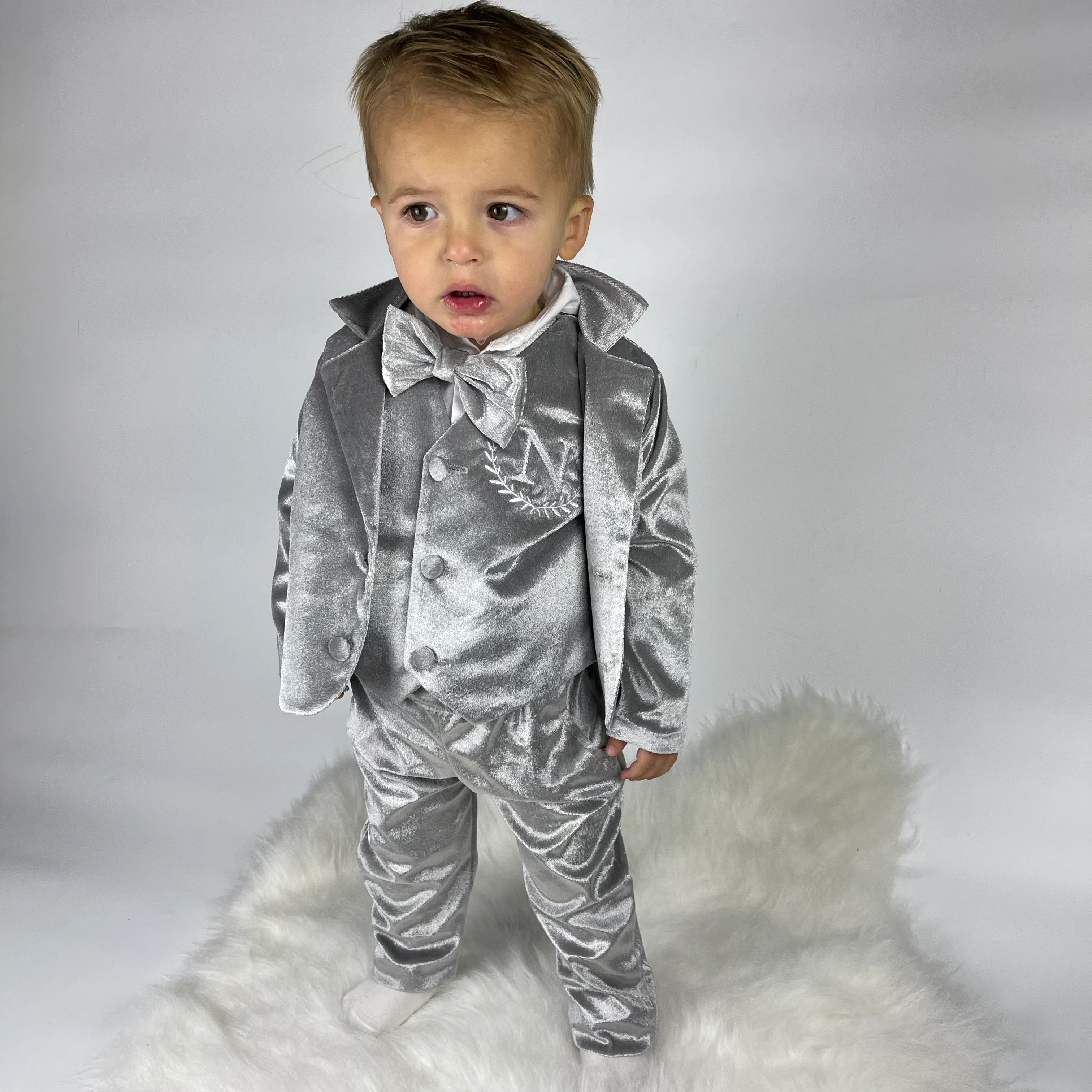 Personalized Baby Boy Suit – Silver Grey Velvet Jacket Set - Image 5