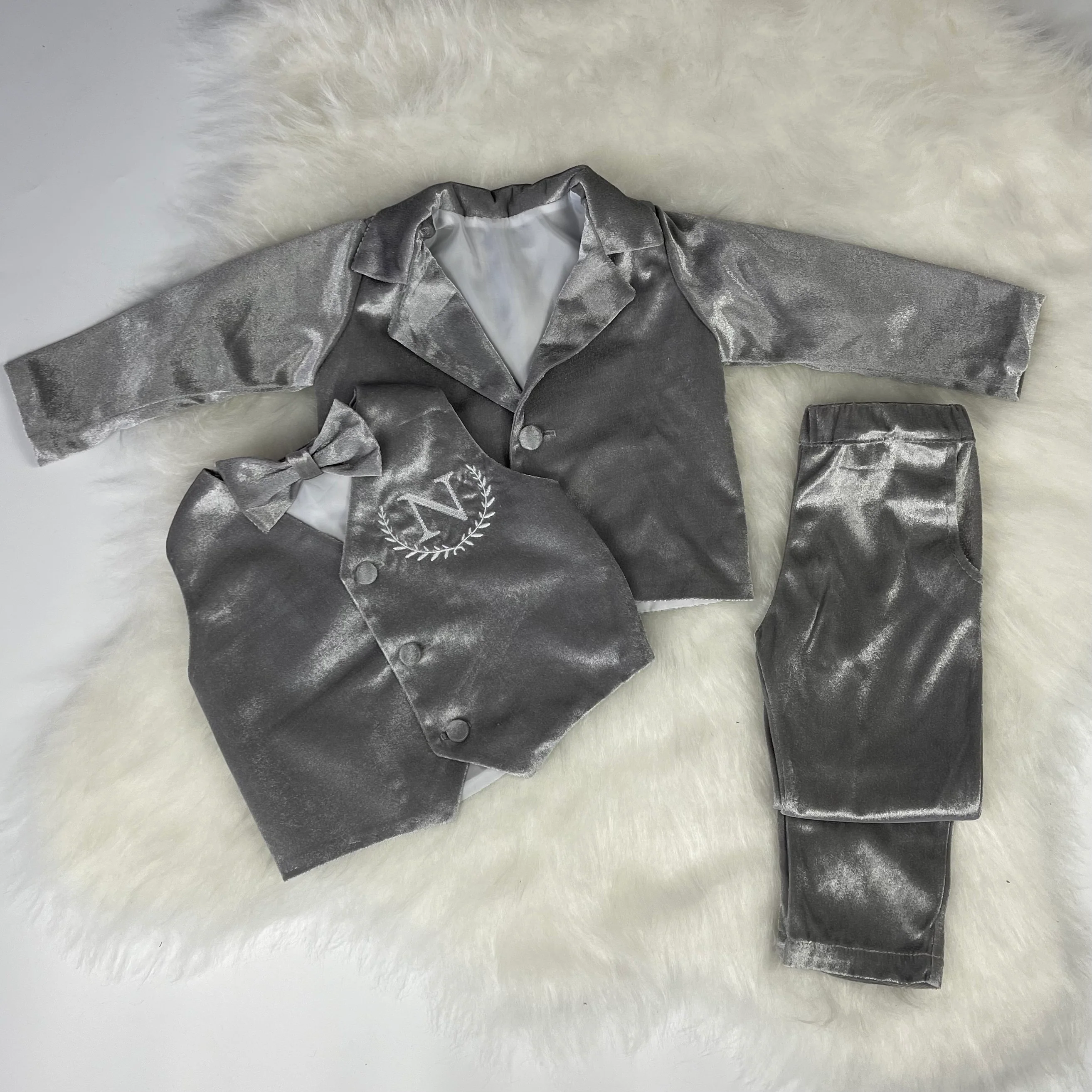 Personalized Baby Boy Suit – Silver Grey Velvet Jacket Set - Image 6