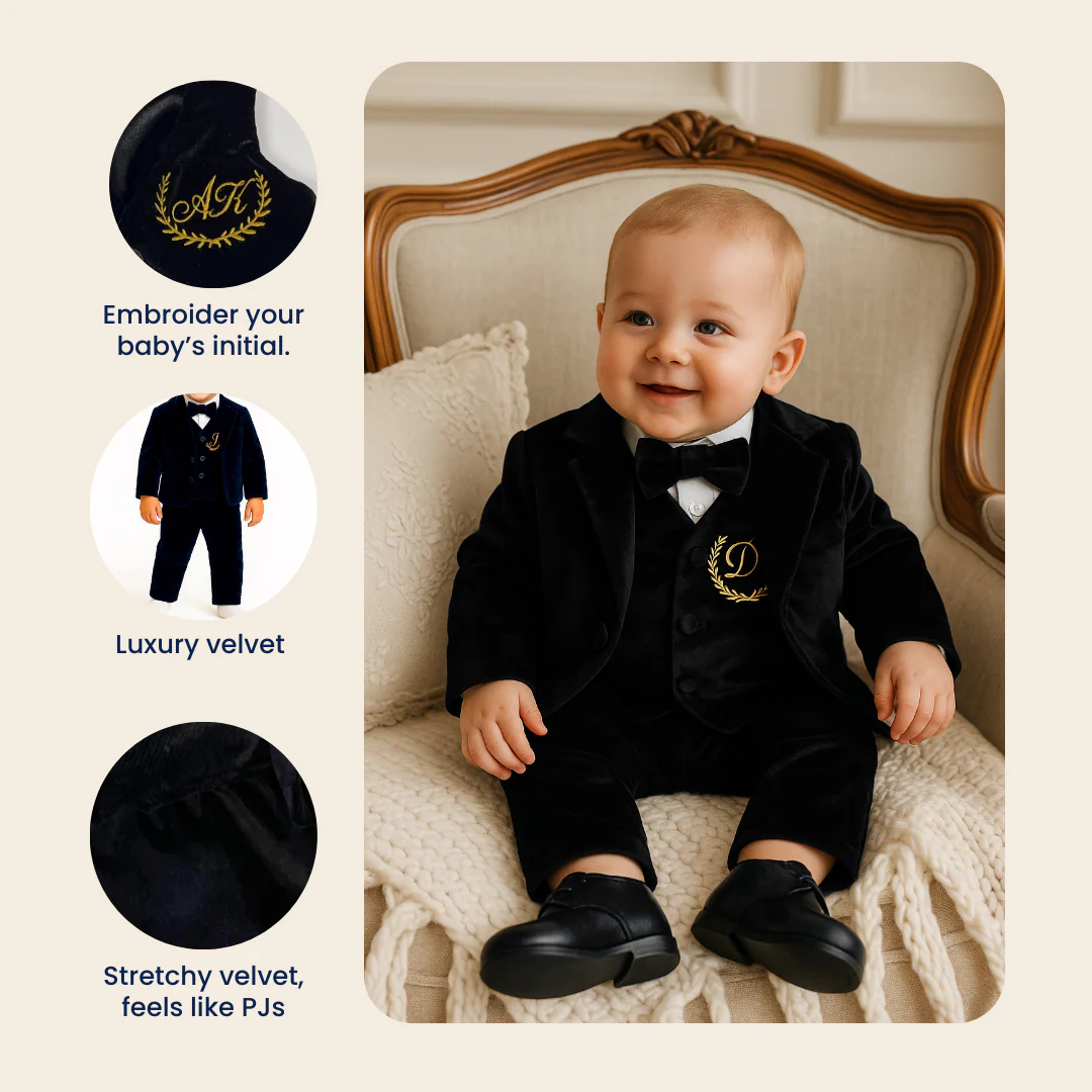 Personalized Baby Boy Velvet Suit – Royal Blue Tuxedo & Blazer - Image 2