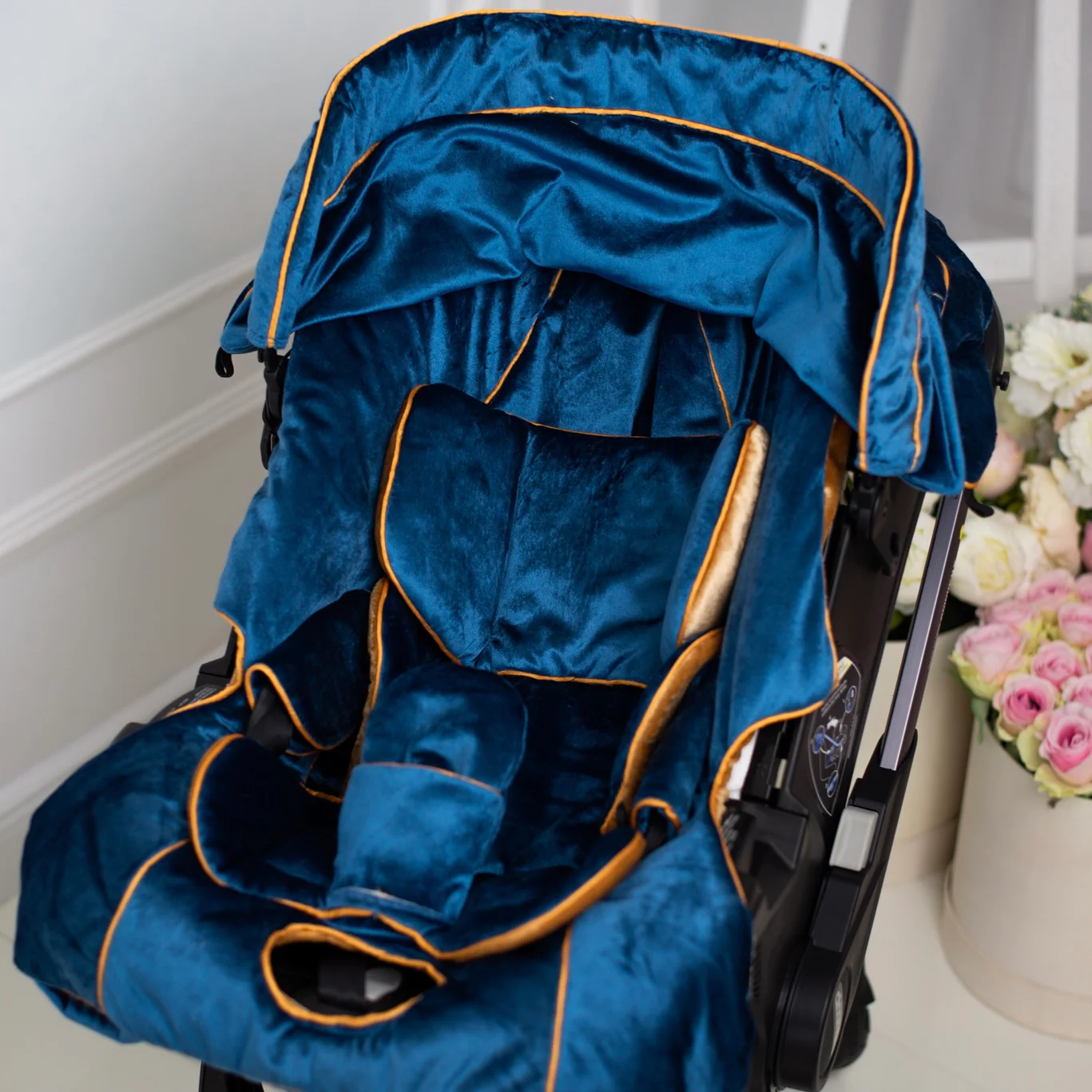 Personalized Blue & Gold Baby Car Seat Cover Set with Diaper Bag - Image 2