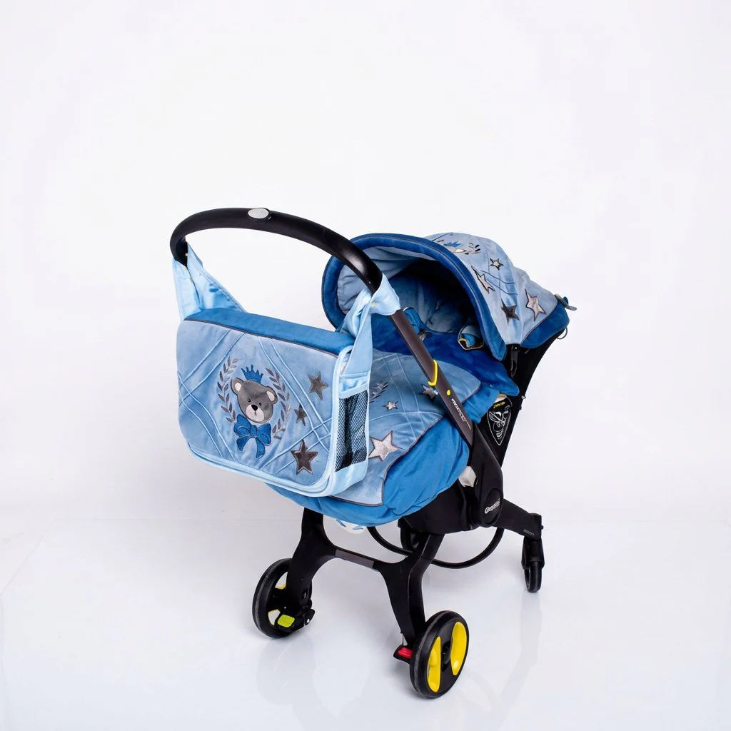 Personalized Blue Baby Car Seat Cover Set with Bear Design