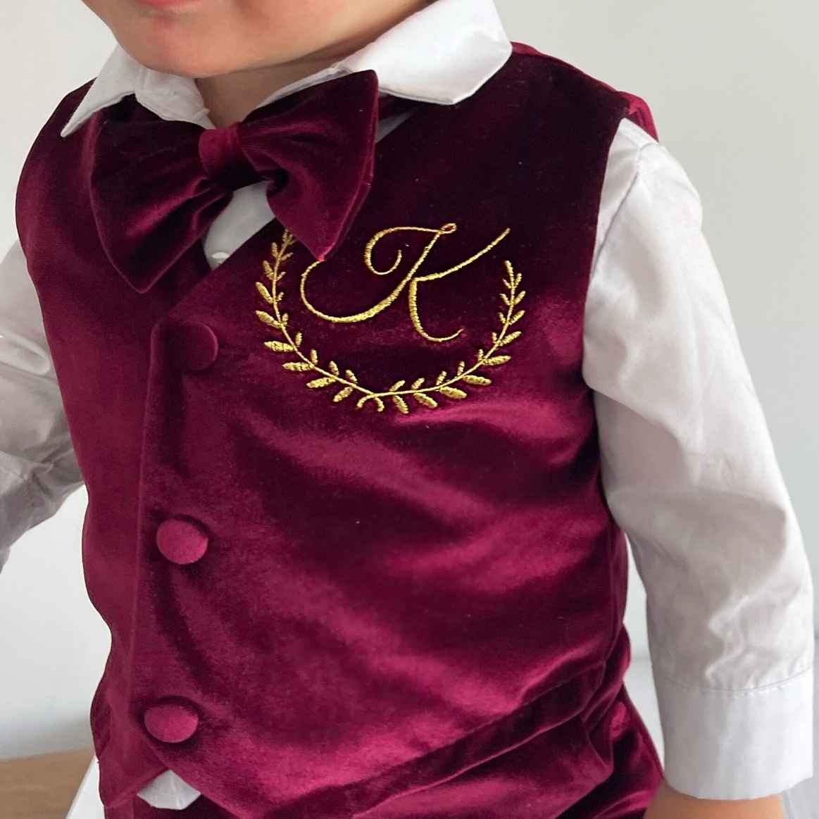 Personalized Burgundy Velvet Baby Boy Suit with Bow Tie - Image 10