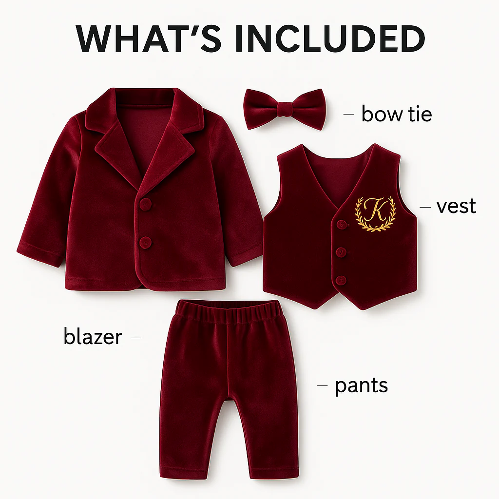 Personalized Burgundy Velvet Baby Boy Suit with Bow Tie - Image 3