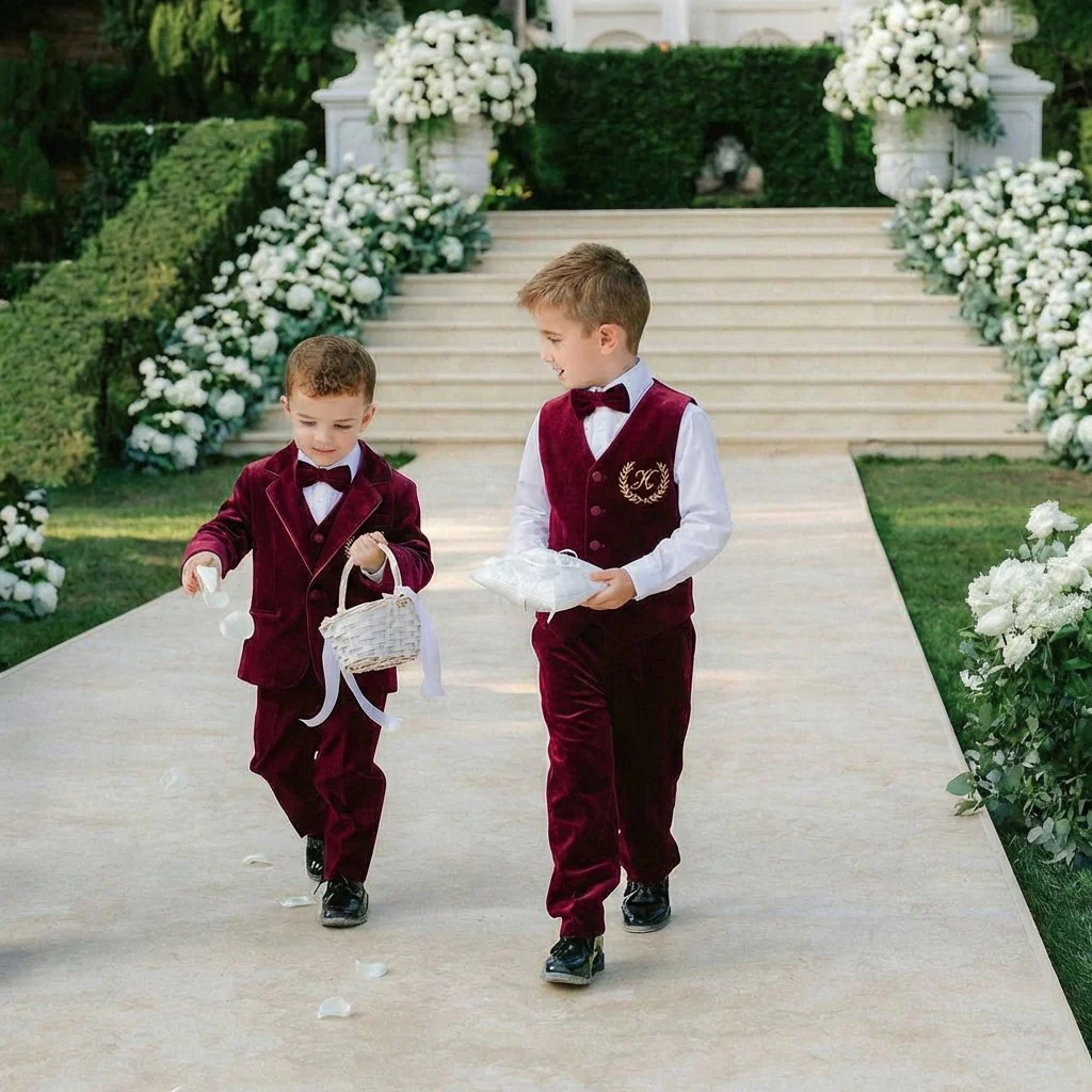 Personalized Burgundy Velvet Baby Boy Suit with Bow Tie - Image 5