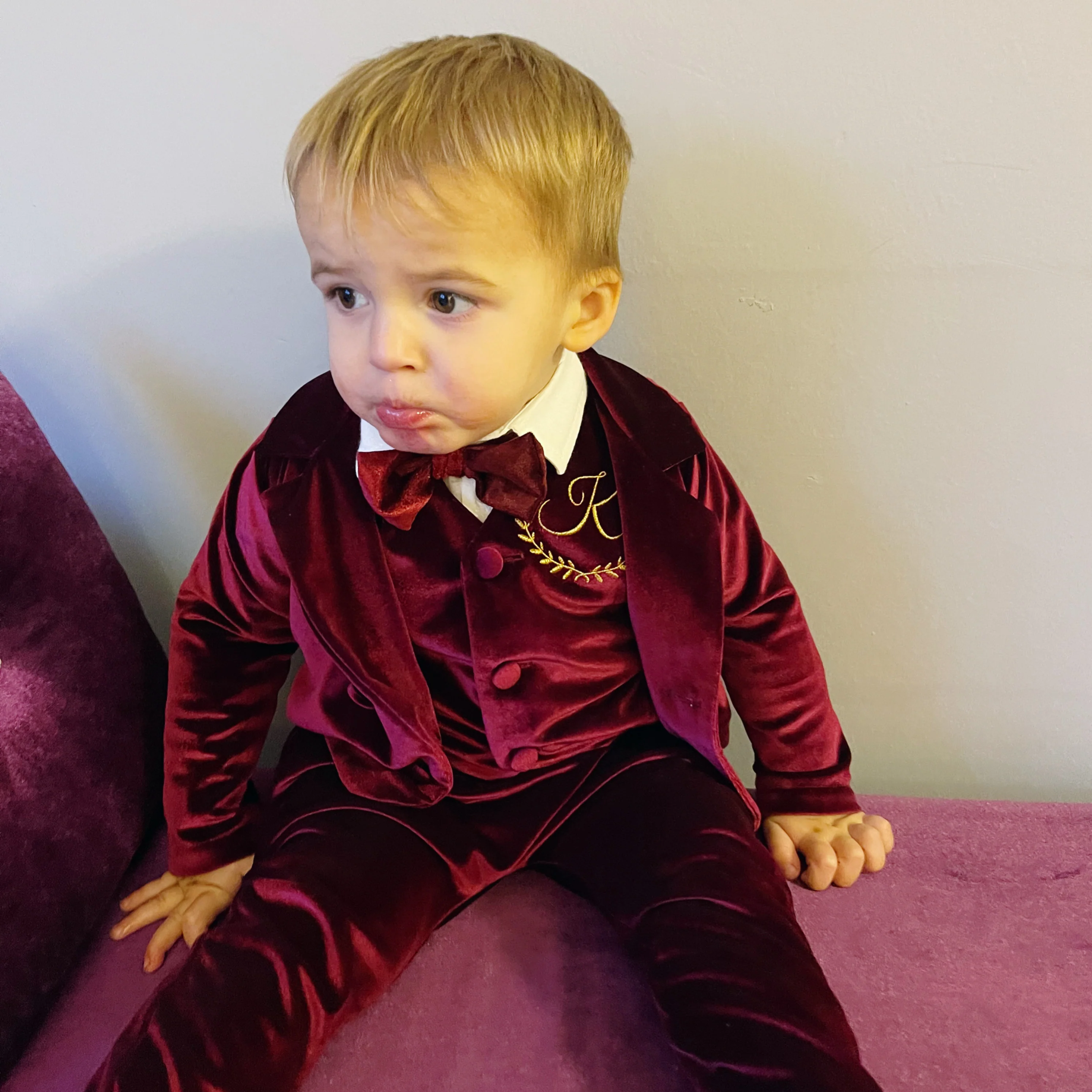 Personalized Burgundy Velvet Baby Boy Suit with Bow Tie - Image 6