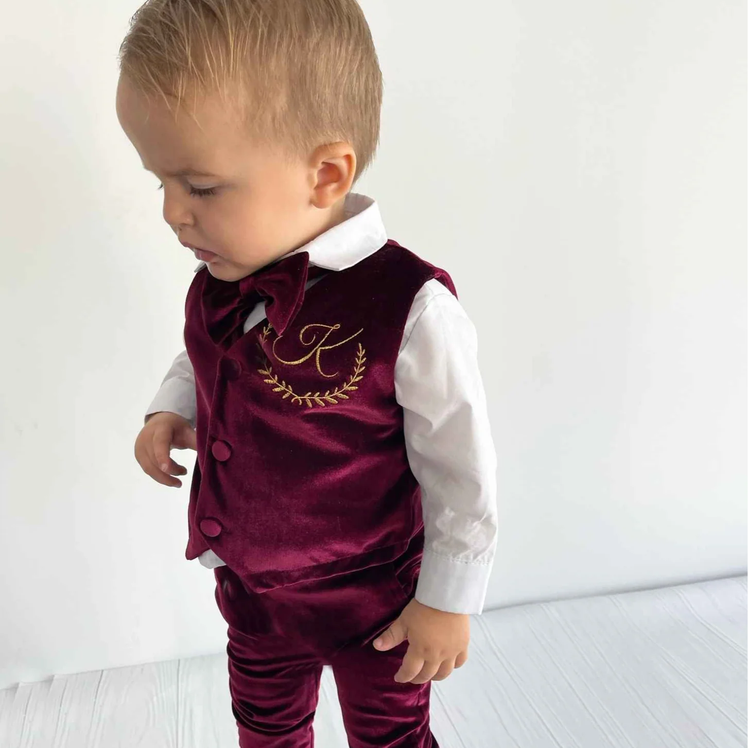 Personalized Burgundy Velvet Baby Boy Suit with Bow Tie - Image 8