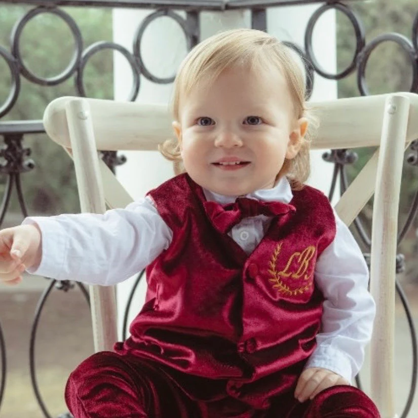 Personalized Burgundy Velvet Baby Boy Suit with Bow Tie - Image 9
