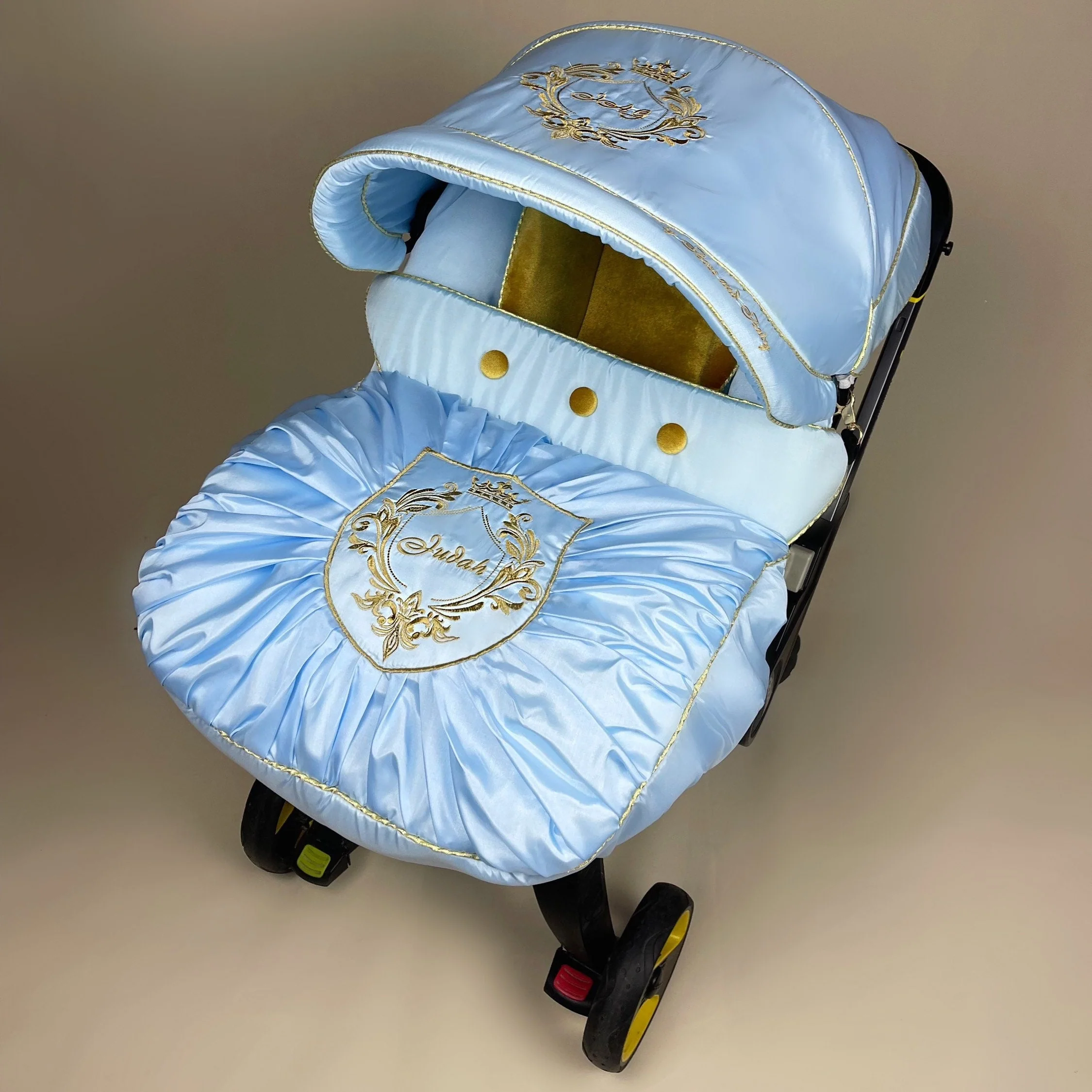 Light Blue Baby Car Seat Cover Set with Gold Embroidery - Image 6
