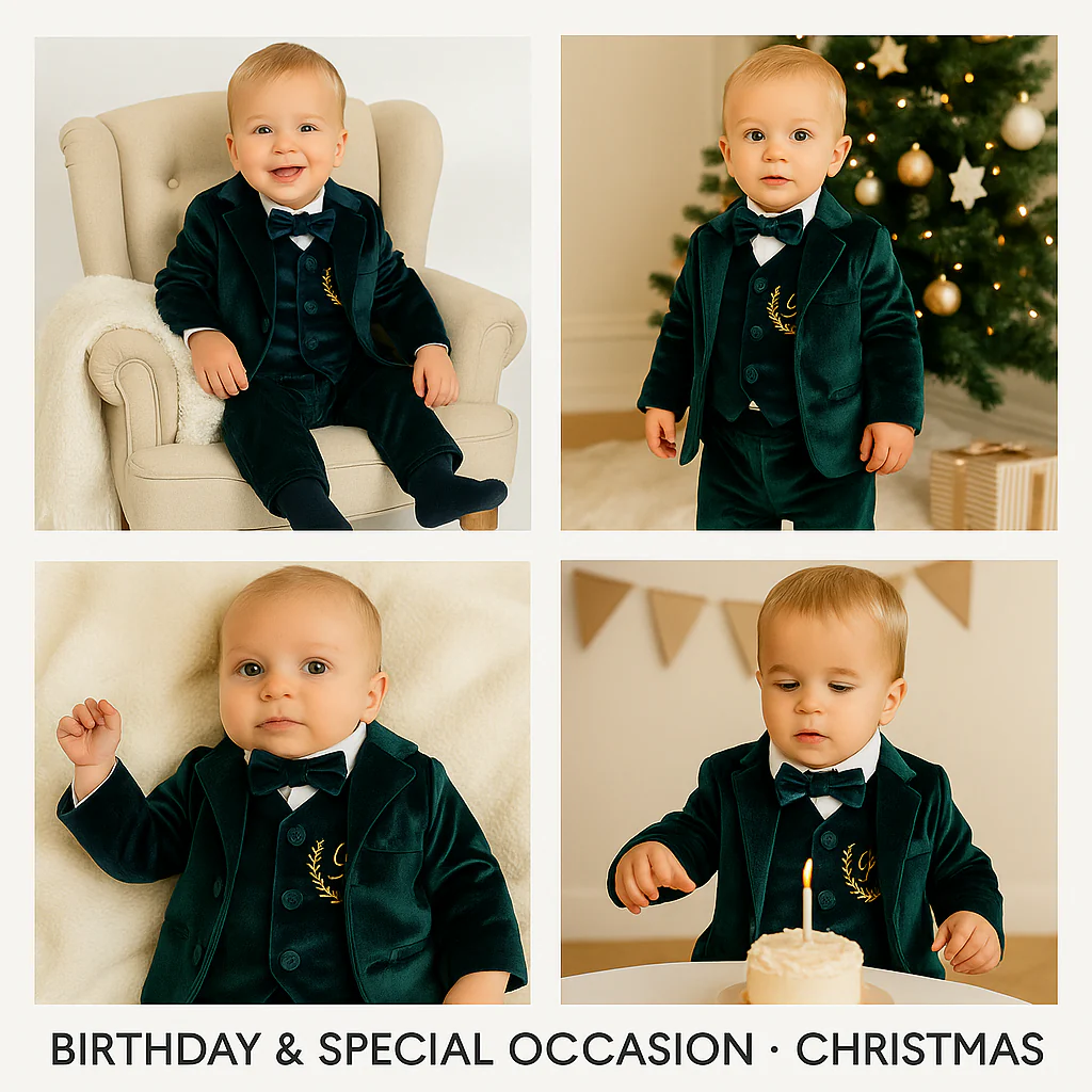 Personalized Emerald Green Velvet Baby Boy Suit - Image 9