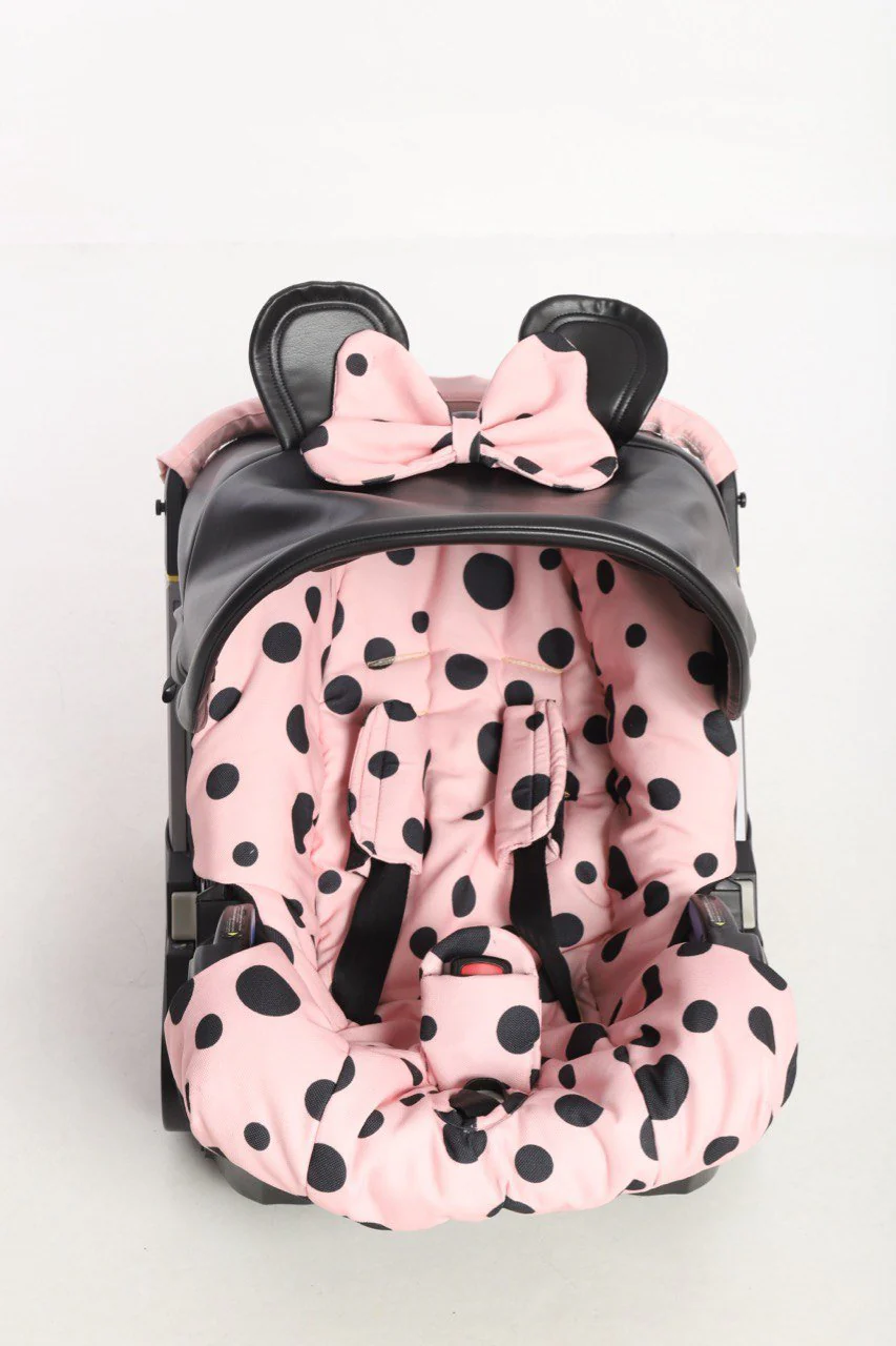 Pink Polka Dot Baby Car Seat Cover Set – Ears & Bow - Image 3