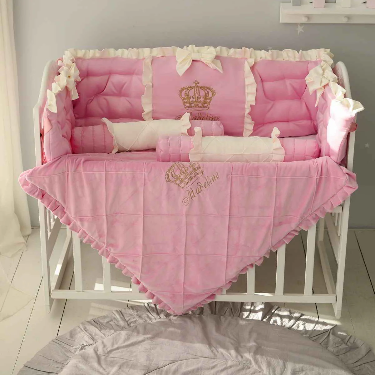 Personalized Classic Luxury Ivory Crib Bedding Set with Embroidery - Image 3