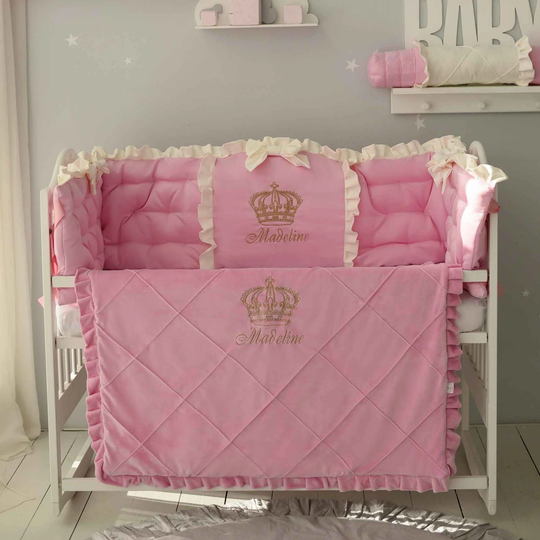 Personalized Classic Luxury Ivory Crib Bedding Set with Embroidery - Image 4