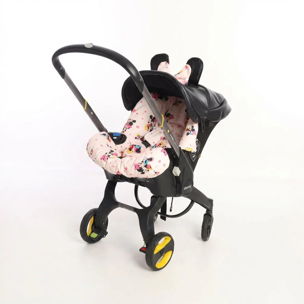 Pink Cartoon Print Car Seat Cover Set with Black Canopy – Custom Fit for Infant Car Seats