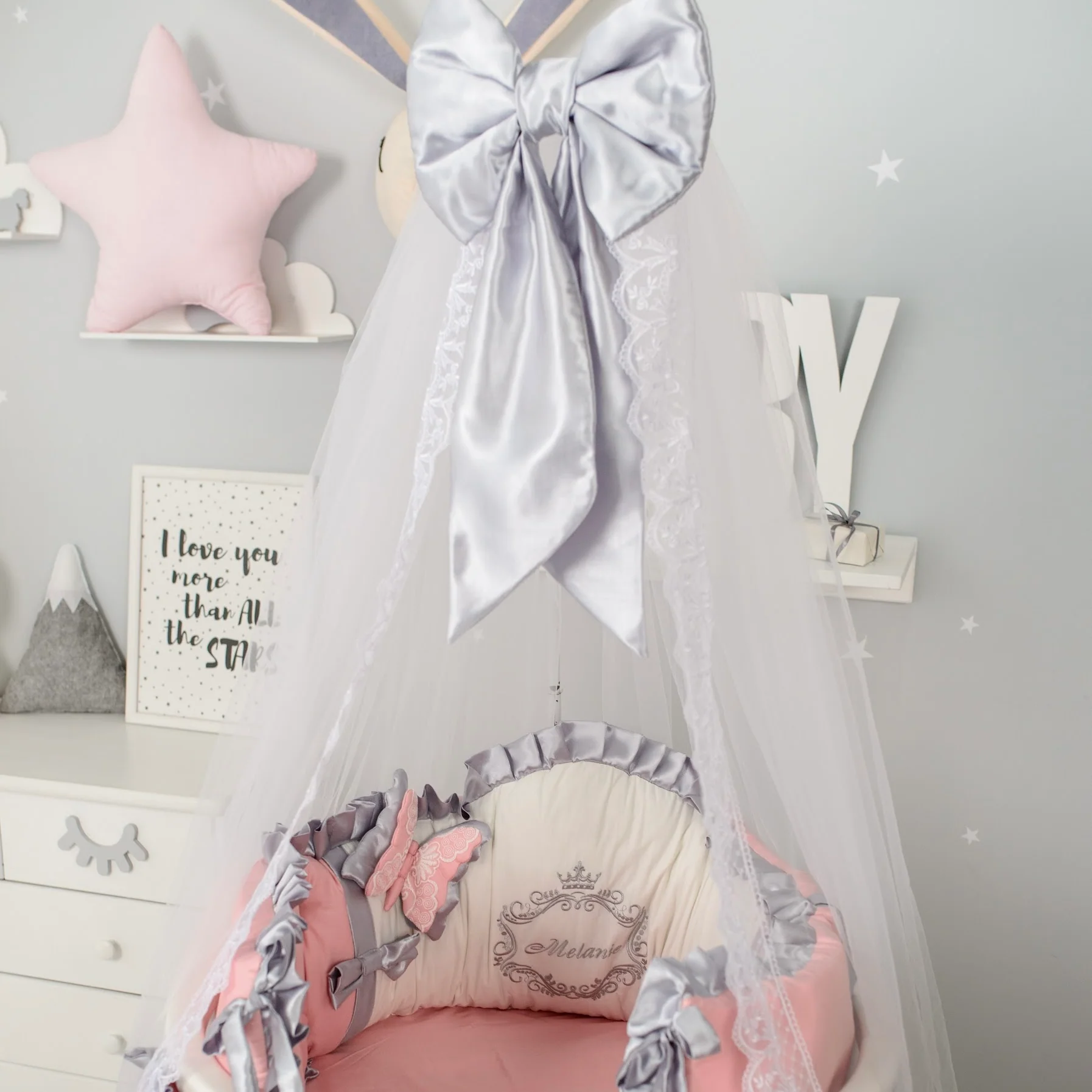 Luxury Personalized Round Baby Bassinet Bedding Set with Lace Canopy - Image 4