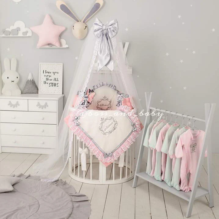 Luxury Personalized Round Baby Bassinet Bedding Set with Lace Canopy - Image 6