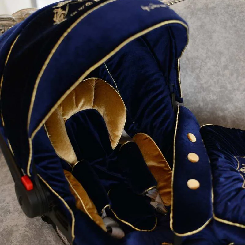 Royal Blue Velvet Baby Car Seat Cover Set with Embroidery - Image 5