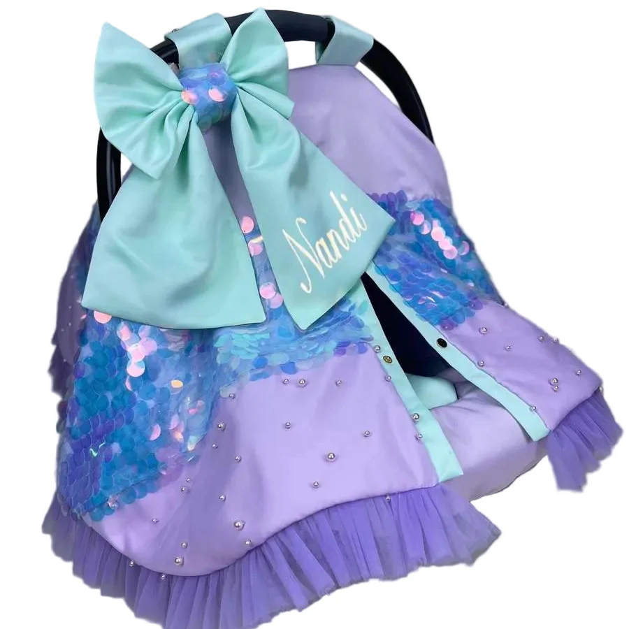 Sequin Rainbow Baby Car Seat Cover – Mermaid Bow Design - Image 4