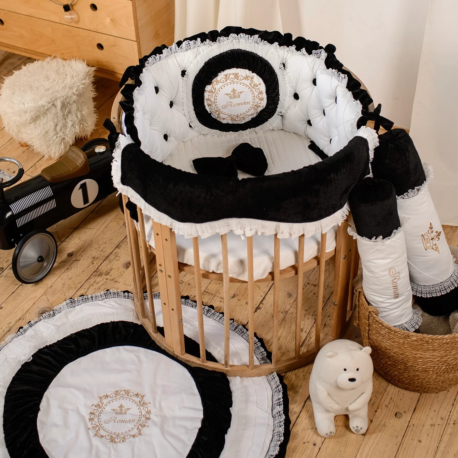 Personalized Luxury Royal Black Crown Small Round Crib Bedding Set - Image 3