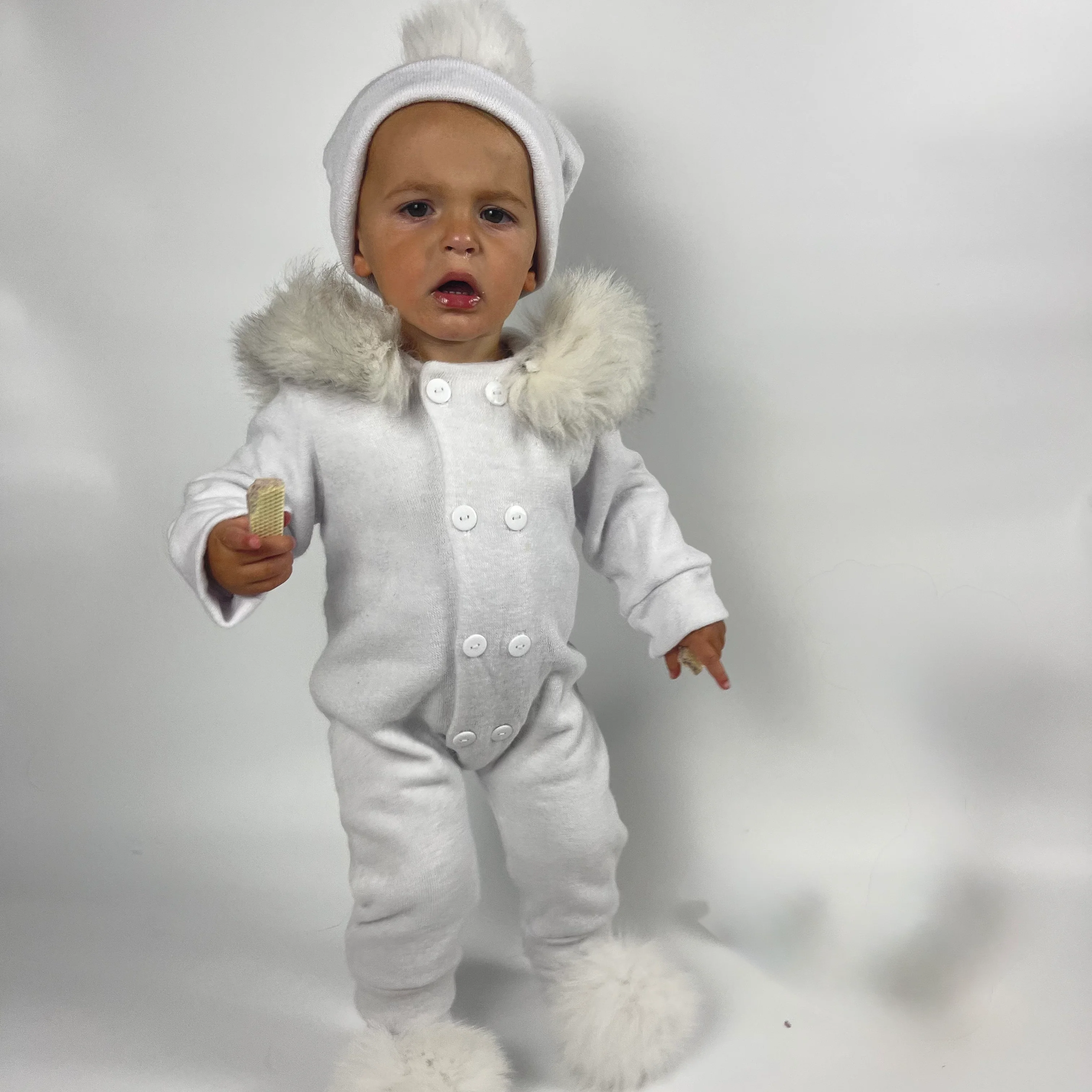 Snowy White Baby Romper with Fur Trim for Winter - Image 3