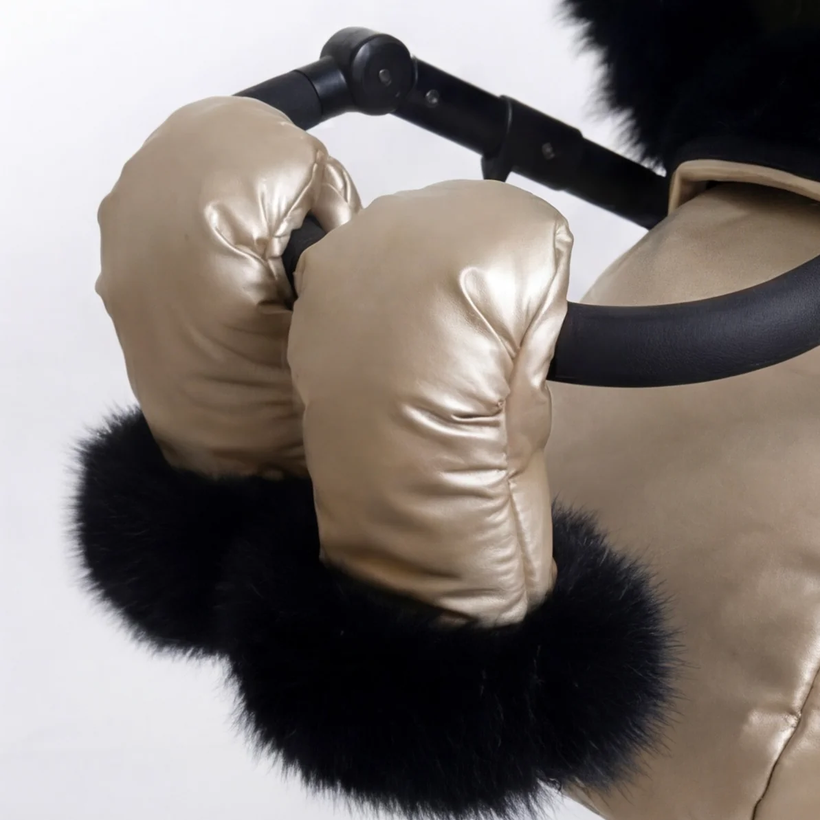 Champagne Gold Stroller Cover Set with Black Fur – Custom Made - Image 3