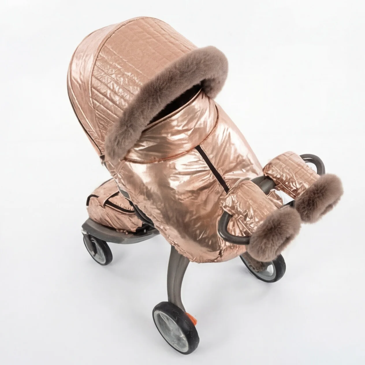 Rose Gold Metallic Stroller Cover Set with Fur Trim – Custom Made - Image 3