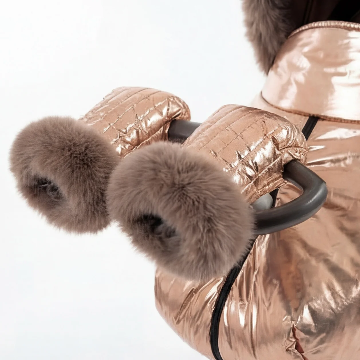 Rose Gold Metallic Stroller Cover Set with Fur Trim – Custom Made - Image 5
